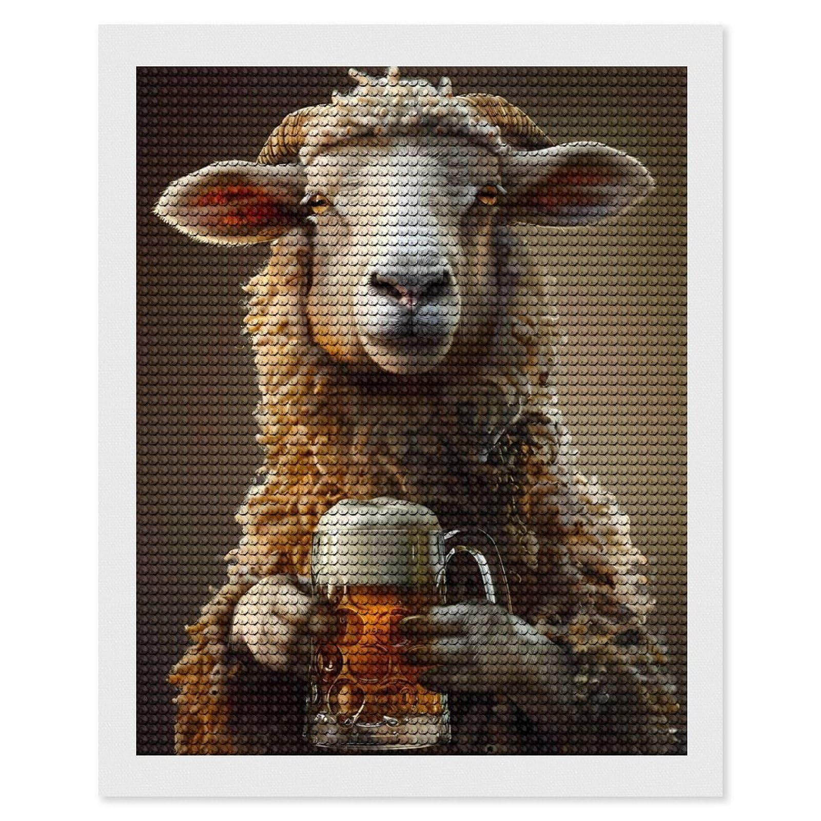 Junmoney Sheep Beer Crystal Diamond Art Kit 16"x20", Stress Relief Craft, Decorative Artwork, Vintage Style Decor, Birthday Gift