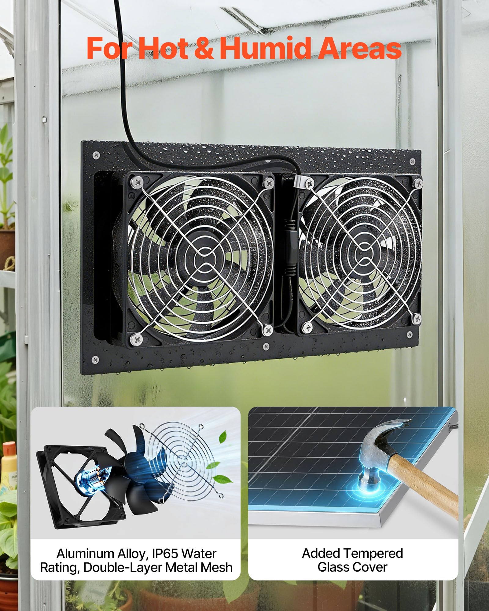 VEVOR Ventilador Solar 240 CFM Doble Ventilador, Panel Solar 15 W Ajustable, Alta Velocidad de 2668 RPM, Intercambio de Aire para Invernadero, Carpa de Cultivo, Gallinero, Montaje en Techo Pared Suelo
