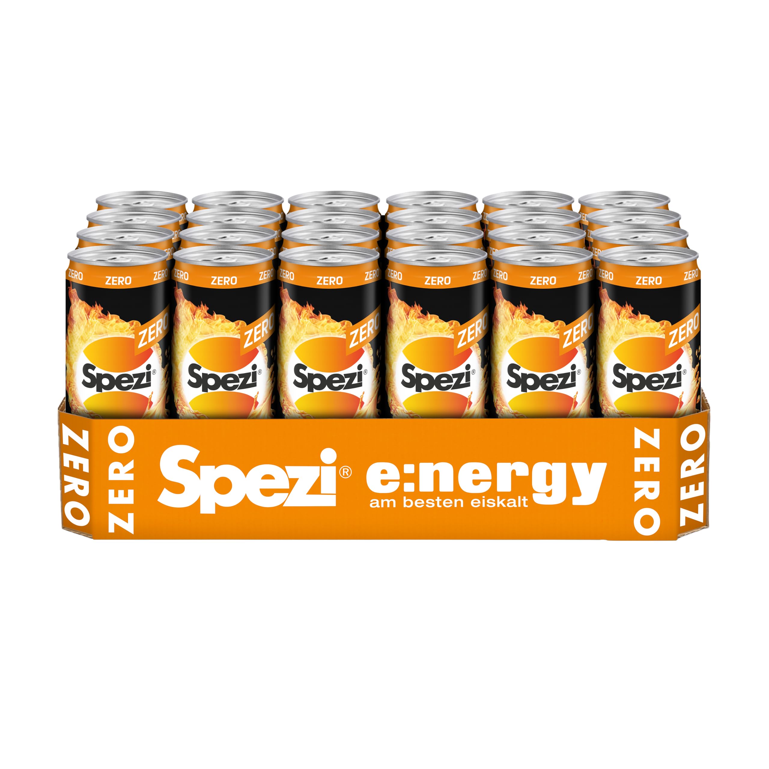 Spezi Energy Zero (24 x 0,33 l) – Energy Drink mit Cola & Orangen Geschmack, Zuckerfrei, mit Koffein, Taurin & Vitaminen