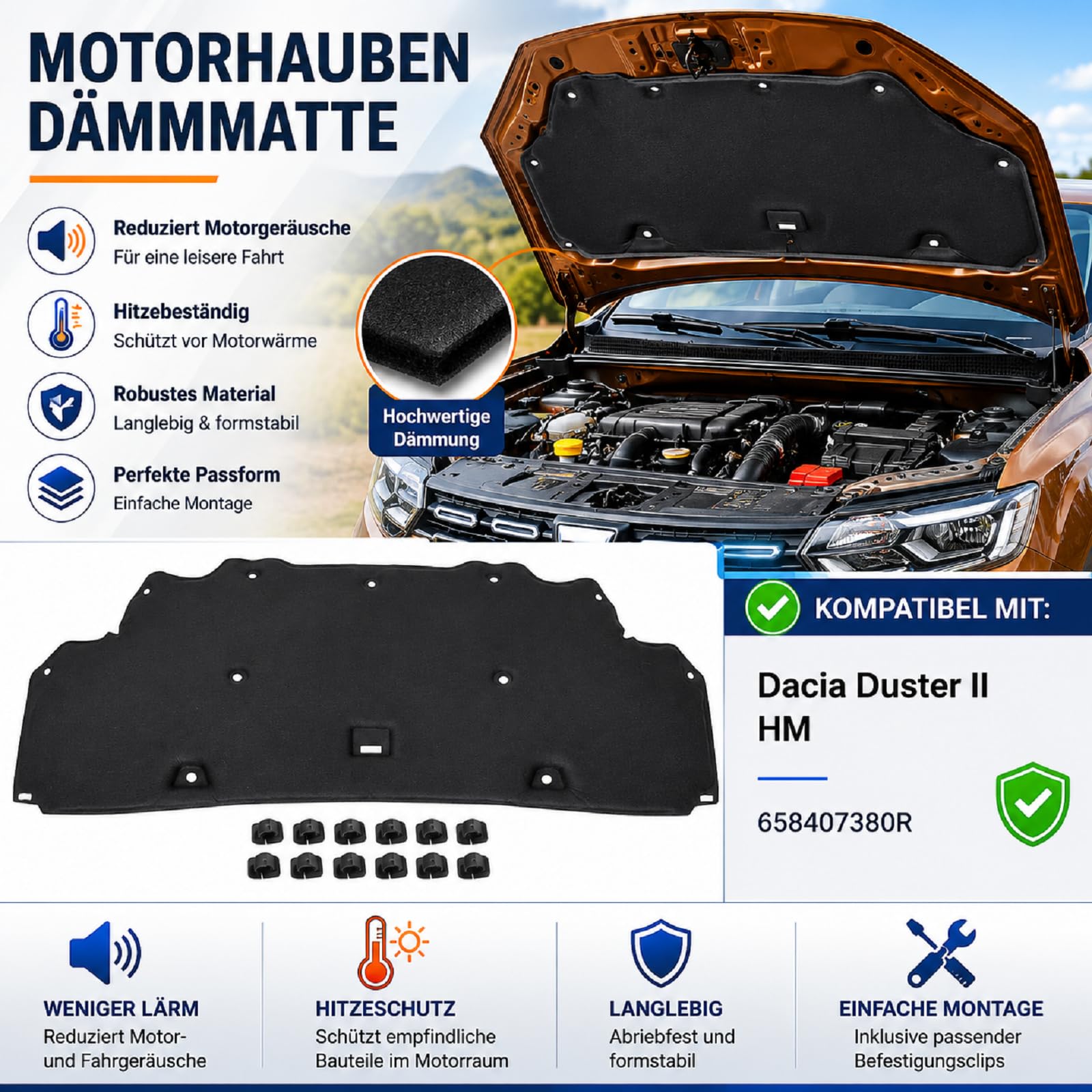 Dämpfung Motorhaube Dämmmatte Isolierung Dämpfungsmatte Motorhaubendämmung mit Clips Kompatibel mit Dacia Duster II HM 2017-2025 658407380R