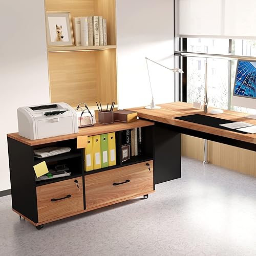 Miniatura 2 de semoic Archivador de madera de 2 cajones con archivador lateral móvil con estante ajustable y ruedas bloqueables se adapta a archivos tamaño