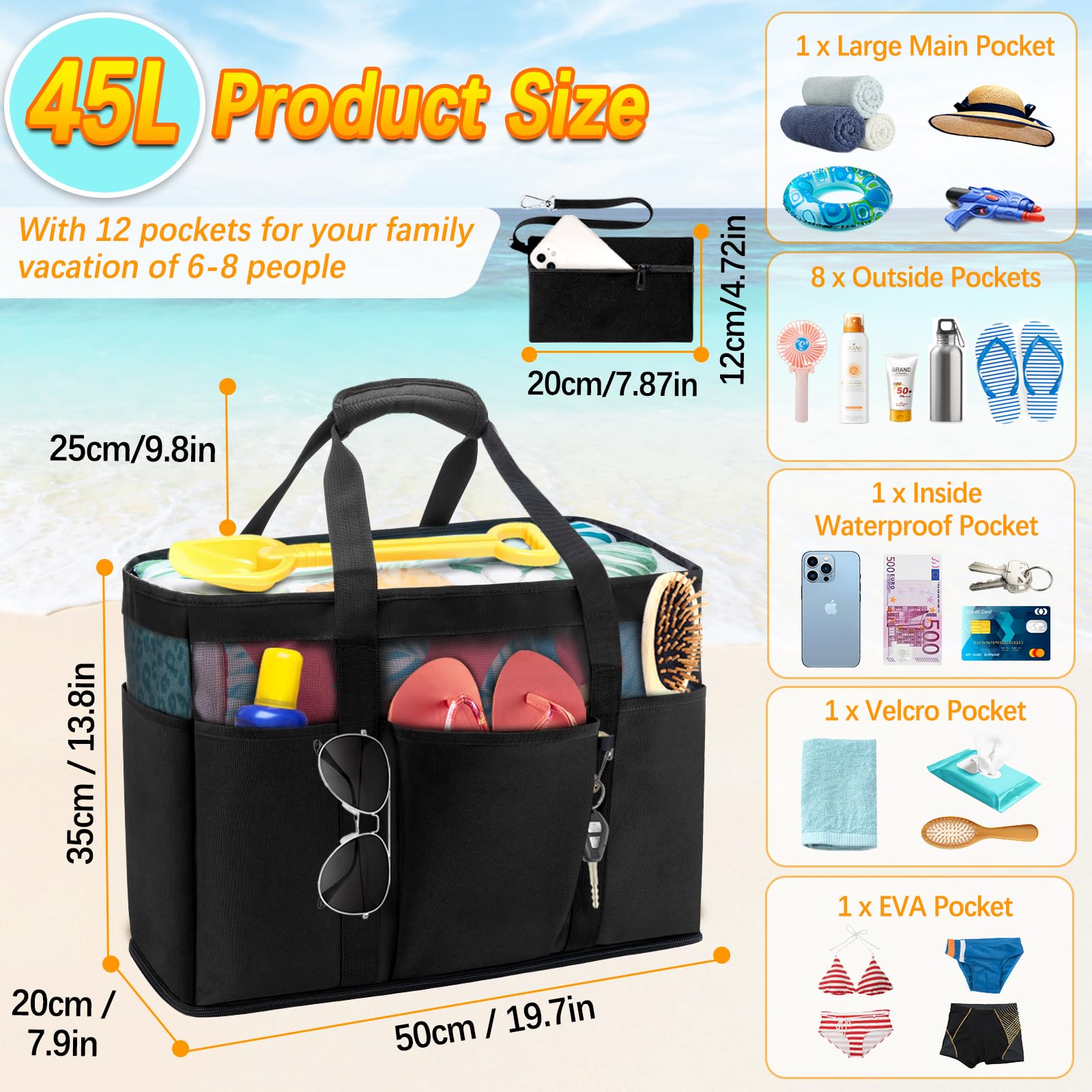 Grande Sac de Plage XXL Famille 45L Pliable 50x35x20cm Multi-Poche Nylon avec Fermeture Éclair et Poche Intérieure - Rangement pour Jouets, Courses, Voyage Weekend (Noir)
