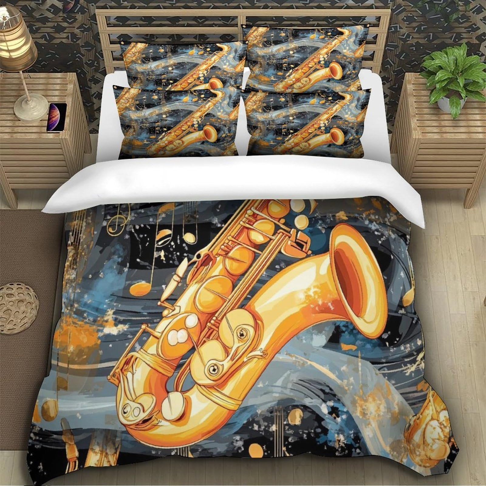 Arte del sassofono Impressione 3D 3 pz fodera per edredone Stile di illustrazione della musica jazz coperteletto microfibra ipoallergenica zip per bambini adolescenti adulti Super king（260x220cm）