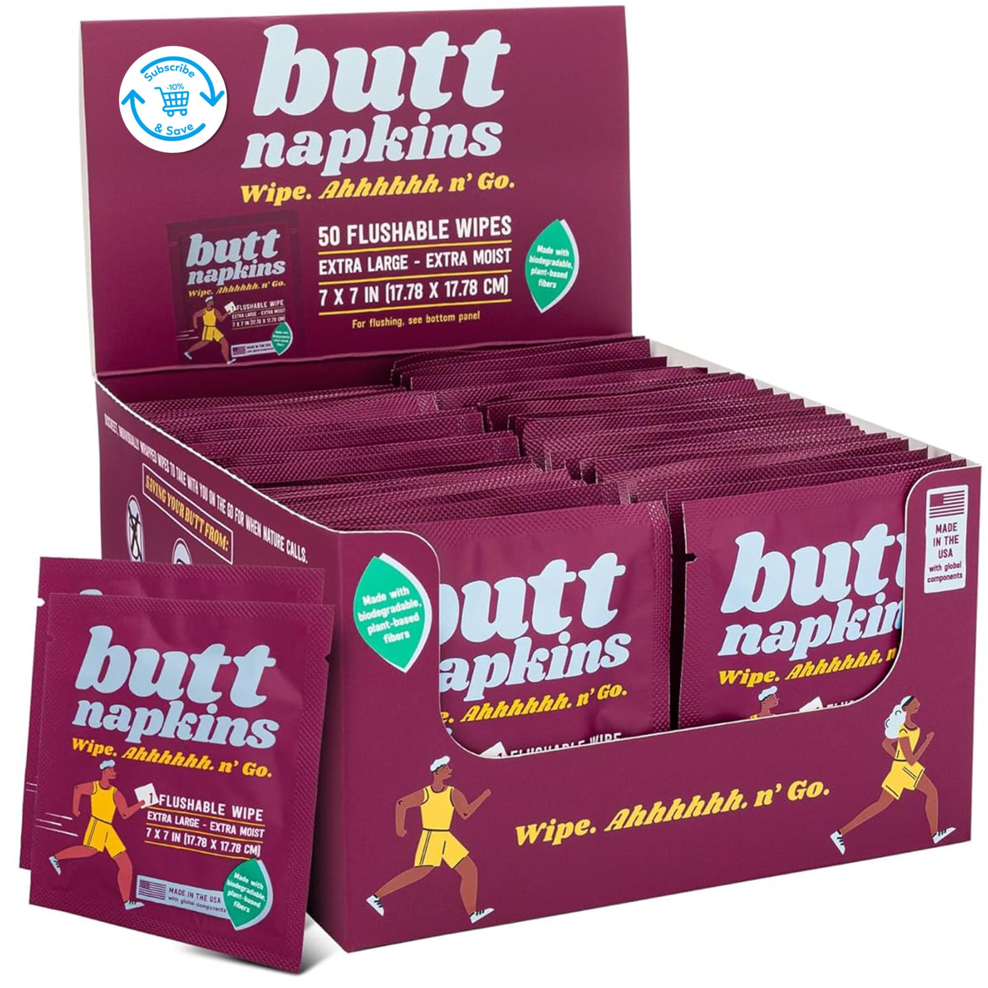 Butt Servilletas – Toallitas desechables a base de agua, envueltas individualmente (correr, 50 unidades (paquete de 1))