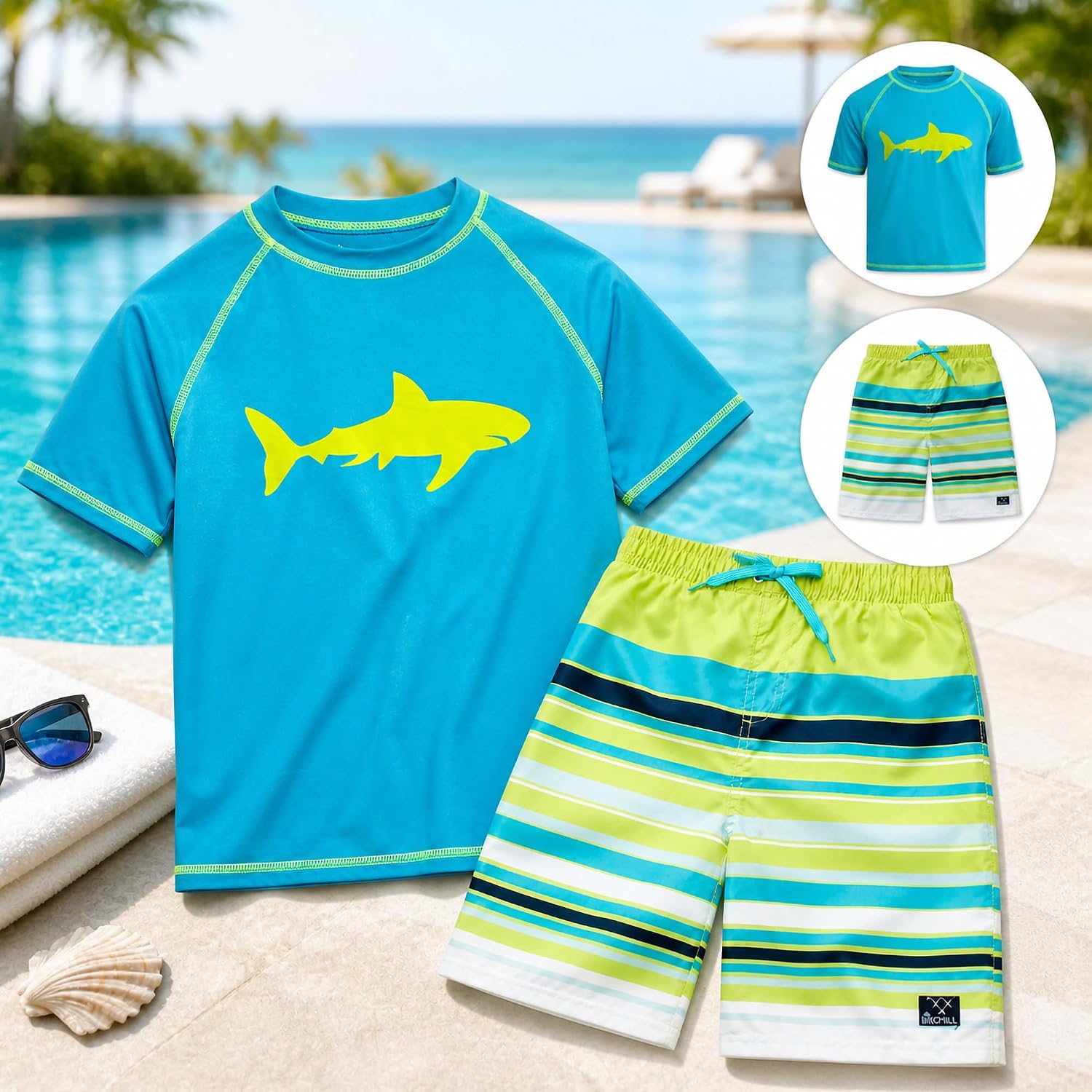 Big Chill Boys Swim Set - 2 Piece Swimwear Quick Dry UPF50+ Protection Rash Guard Short Sleeve Shirt and Boys Swim Trunks