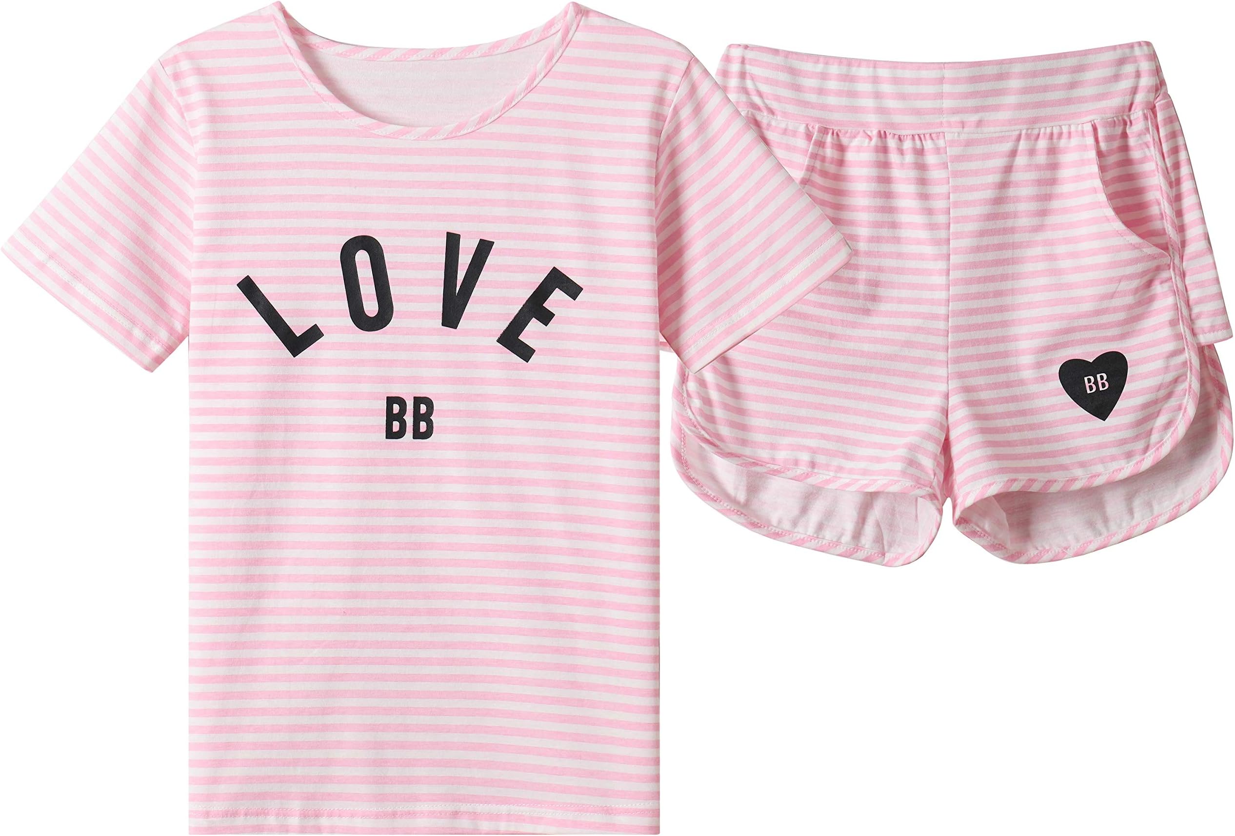 Big Girls Summer Cute Pajama Sets Striped Hearts Shape Printed Sleepwear