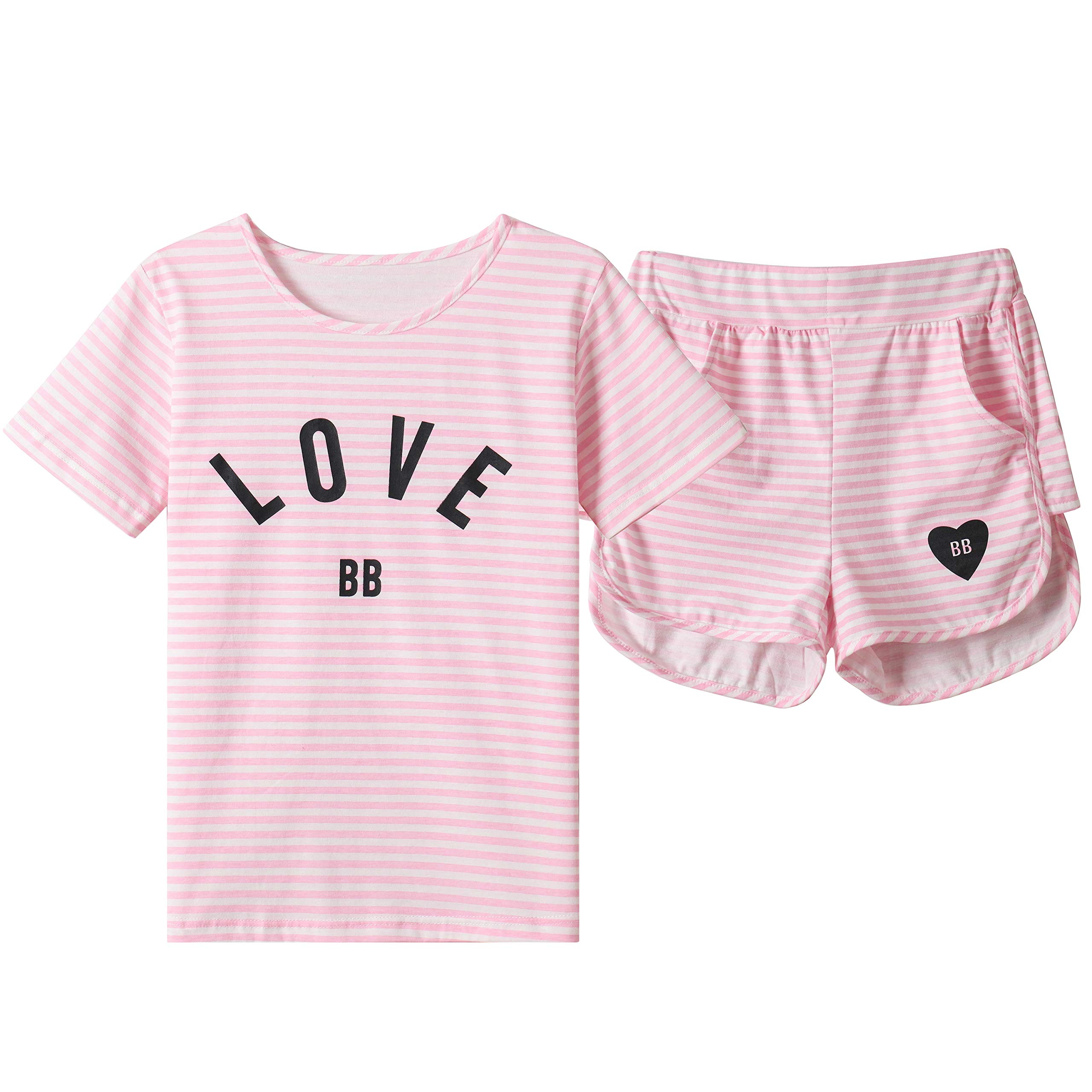 Hupohoi Big Girls Summer Cute Pajama Sets Striped Hearts Shape Printed Sleepwear