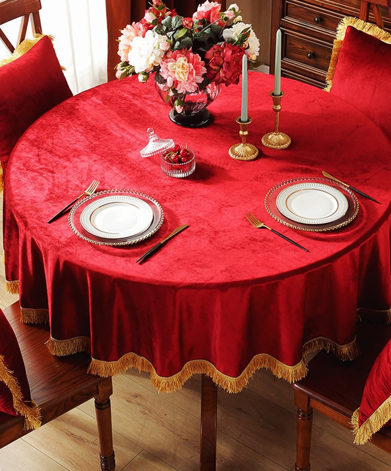 Runde Tischdecke Rot 160 cm, Polyester Einfarbig mit Quaste, Tischdecke für Esszimmer