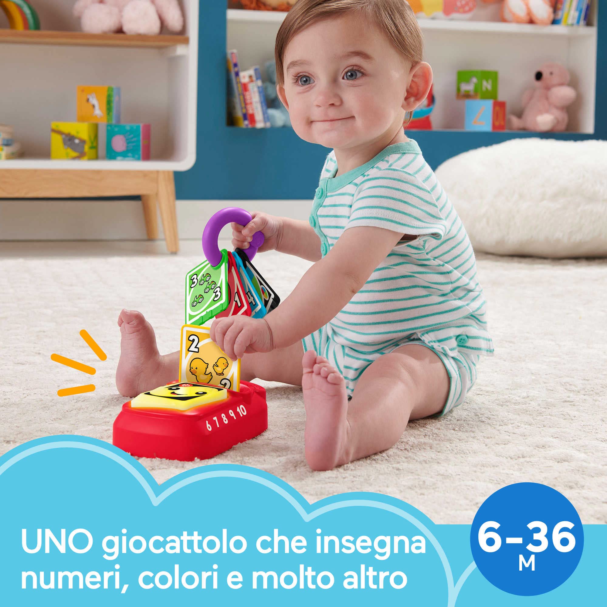 Fisher-Price - Baby Uno Numeri e Colori, Include 5 Carte da Inserire nel Lettore con Luci e Suoni, Giocattolo Elettronico Portatile Edizione Italiano+Portoghese+Spagnolo+Inglese, 6+ Mesi, HHG94
