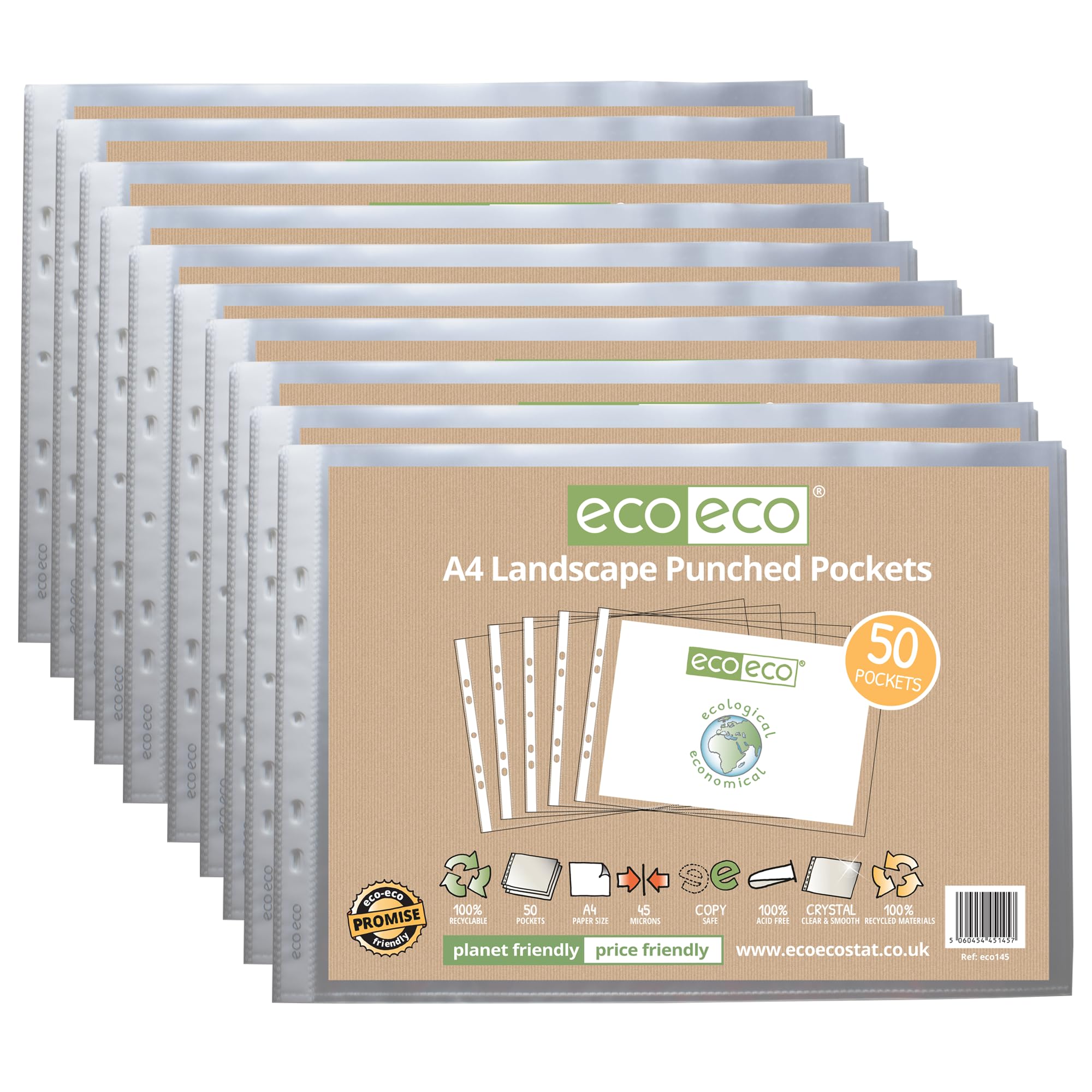 eco-eco A4 100% Recycled Landscape Multi Punched Pockets Glass Clear, Transparent Poly Wallet Sheet Protector, 45 Microns (10 Packs of 50), eco145x10