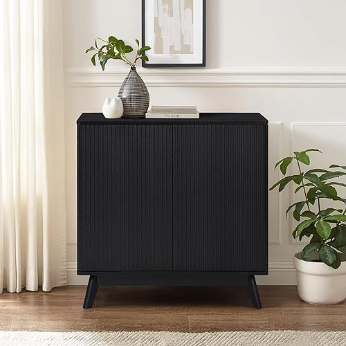 Armario negro de mediados de siglo, aparador de credenza acanalado de mediados de siglo con almacenamiento para cocina, comedor, cafetería, oficina,