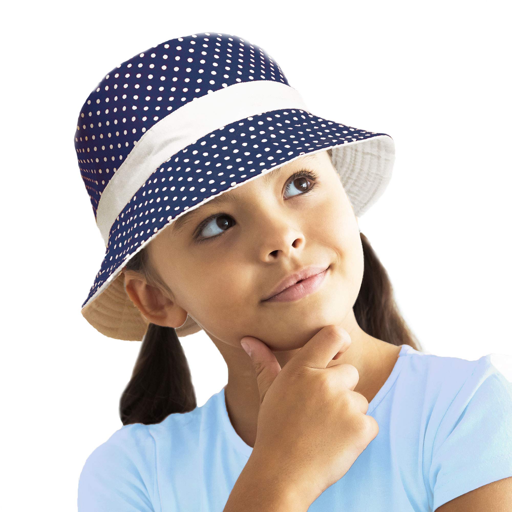 Toskatok Girls Navy/White Upf 50+ 'S Reversible Cotton Polka Dot Bush Bucket Sun Hat-54
