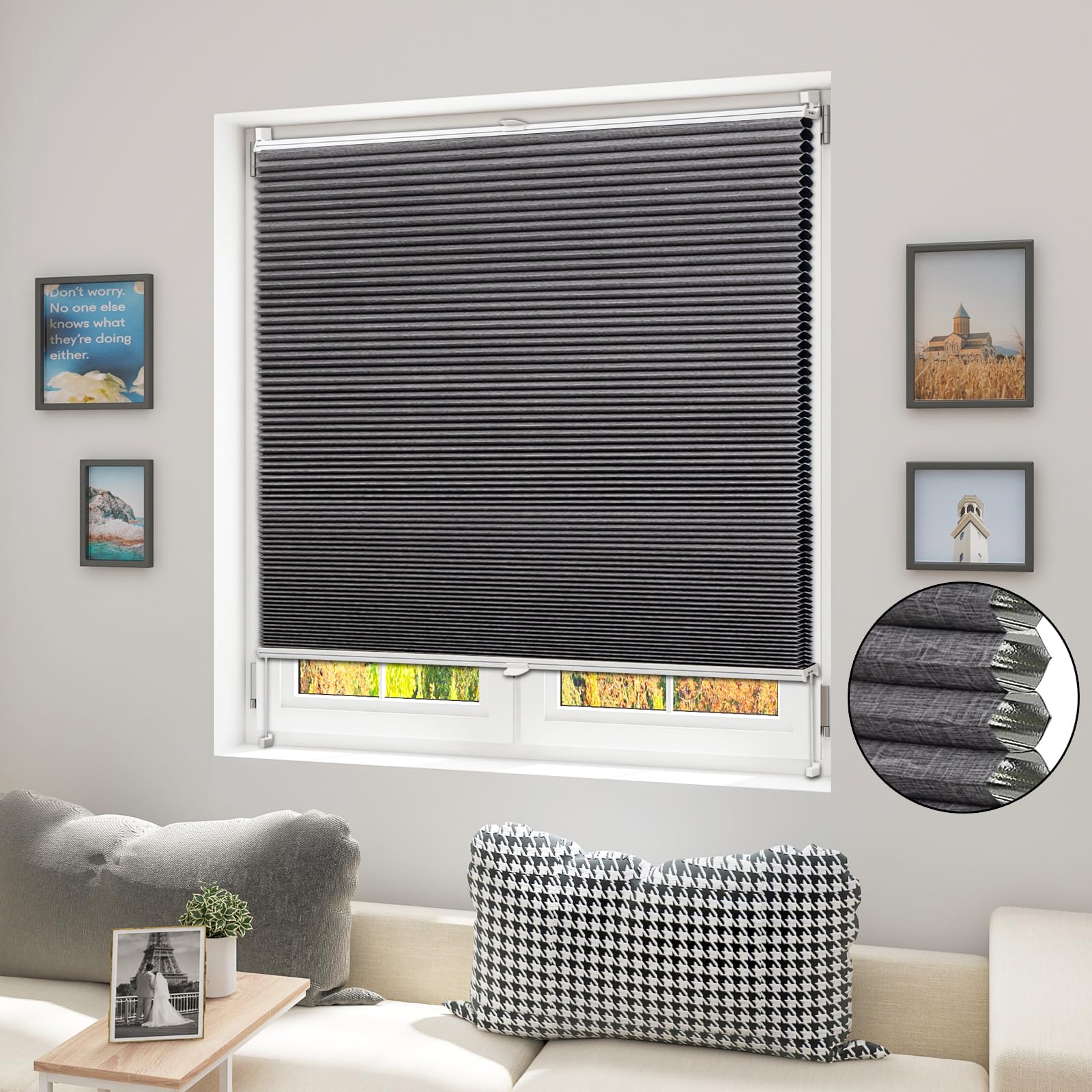 WOLTU Wabenplissee ohne Bohren verdunkelung Thermo Doppelplissee Klemmfix Zweifarbig 75x120 cm Dunkelgrau-Weiß, Plissee Faltrollo Sonnen-, Sicht- & Schallschutz, Jalousie Plisseerollo für Fenster&Tür