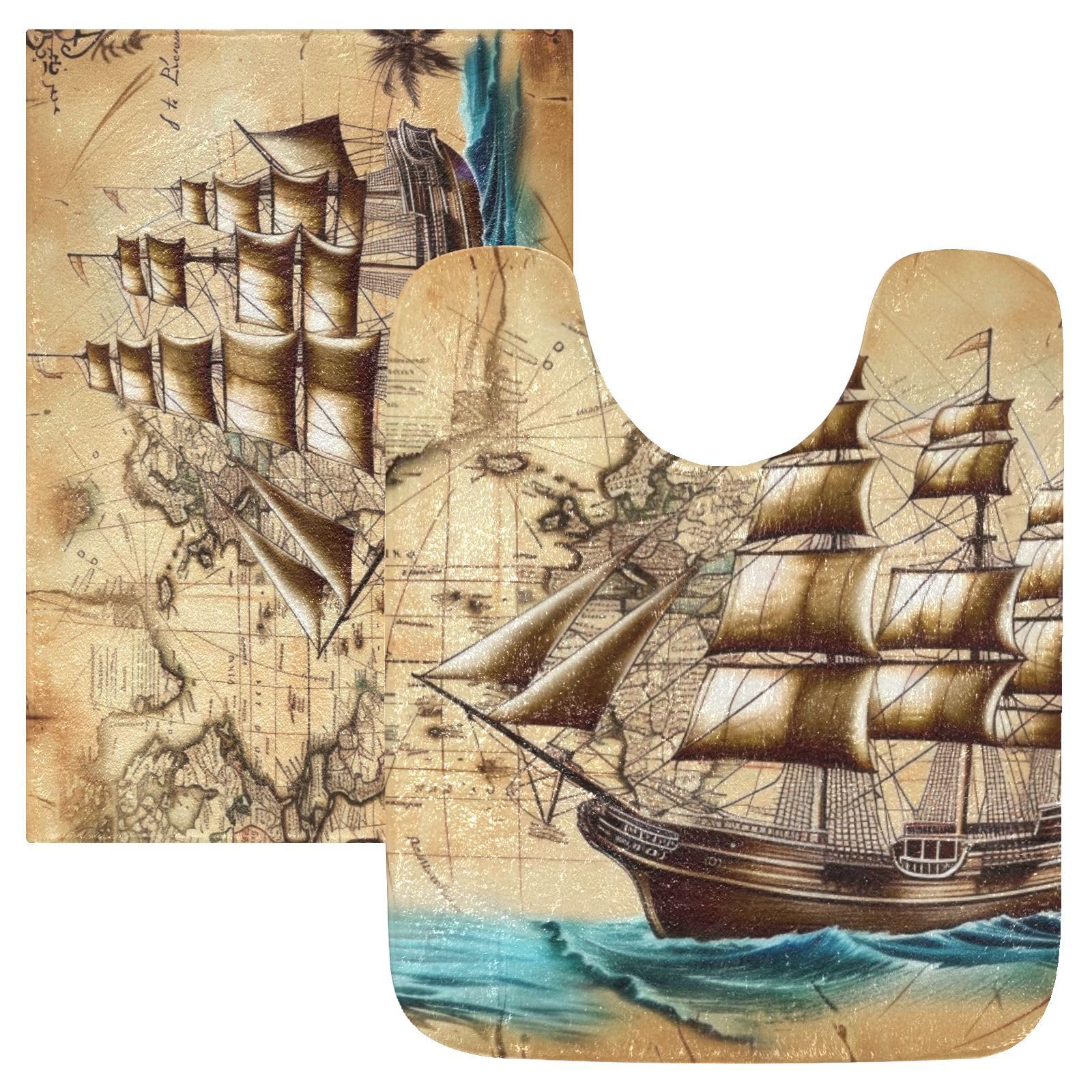 KYZSXZ Bathroom Rug Vintage Map Ship Print Plush Absorbent Bath Mats with Anti Slip Bottom for Bathroom Floor Toilet Tub and Shower-Set of 2