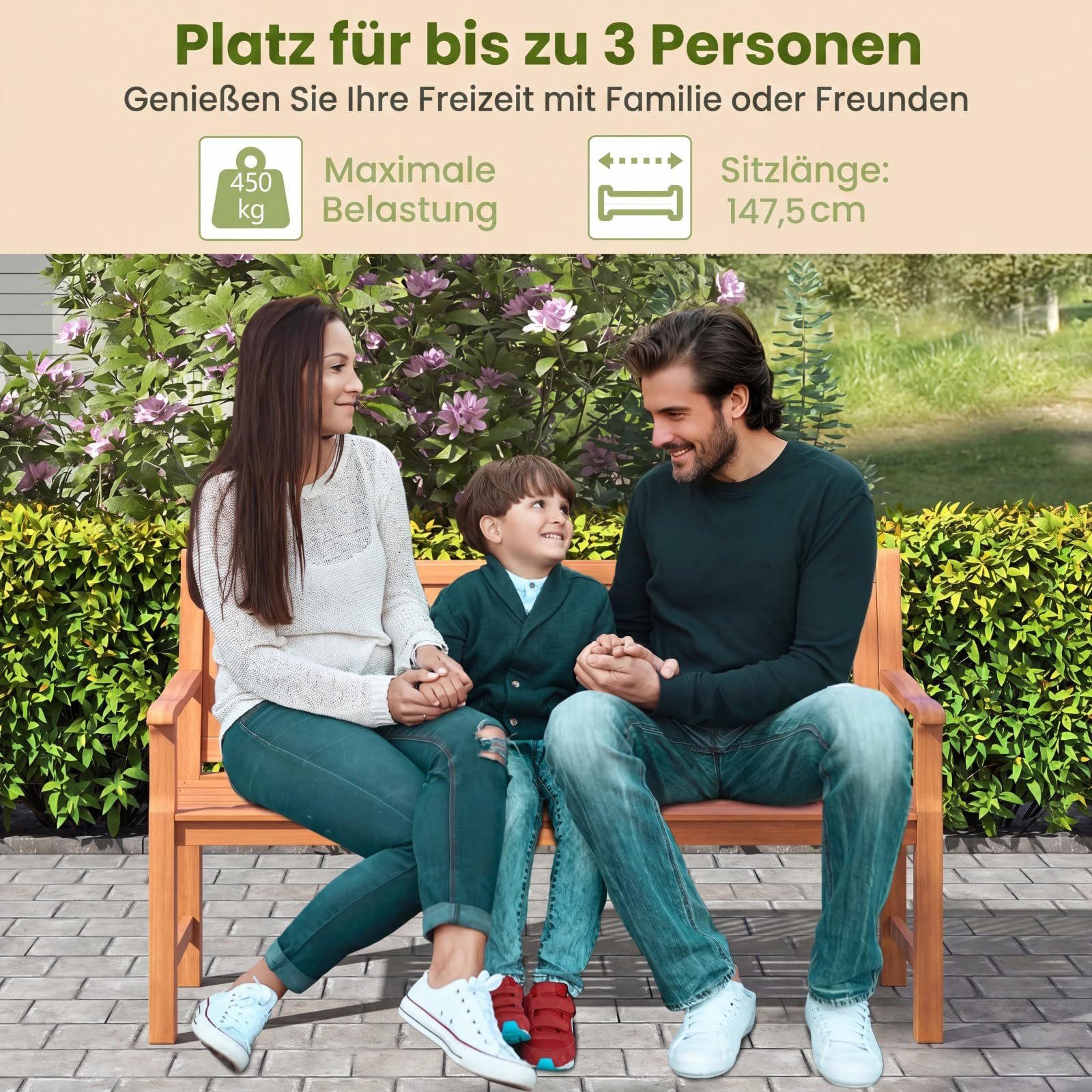 COSTWAY Gartenbank Holz, 3-Sitzer Holzbank wetterfest, Sitzbank, Balkonbank mit Armlehnen, Terrassenbank, Parkbank für Garten, Balkon, Terrasse, 150 x 53,5 x 89 cm