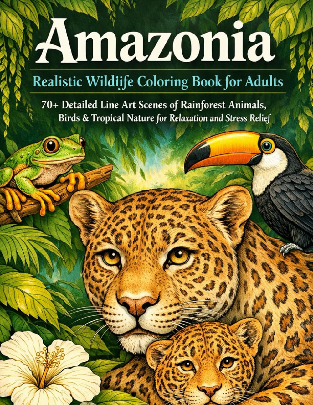 Amazonia Realistic Wildlife Coloring Book for Adults: 70+ Detailed Line Art Scenes of Rainforest Animals, Birds & Tropical Nature for Relaxation and Stress Relief