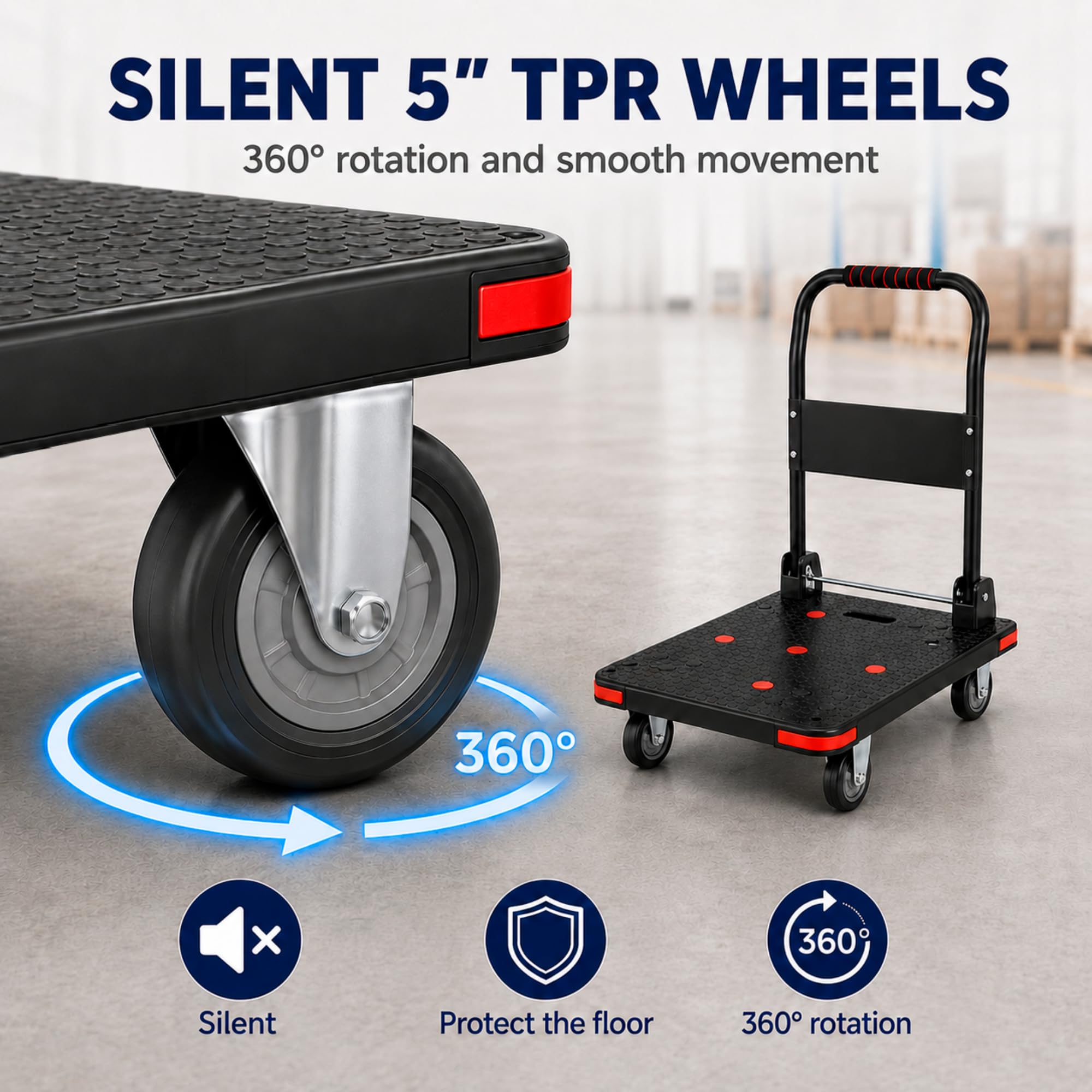 Carrello Piattaforma Pieghevole Supporta 550 kg Nero, Ruote TPR 5" | Carrello di Trasporto per Magazzino e Traslochi