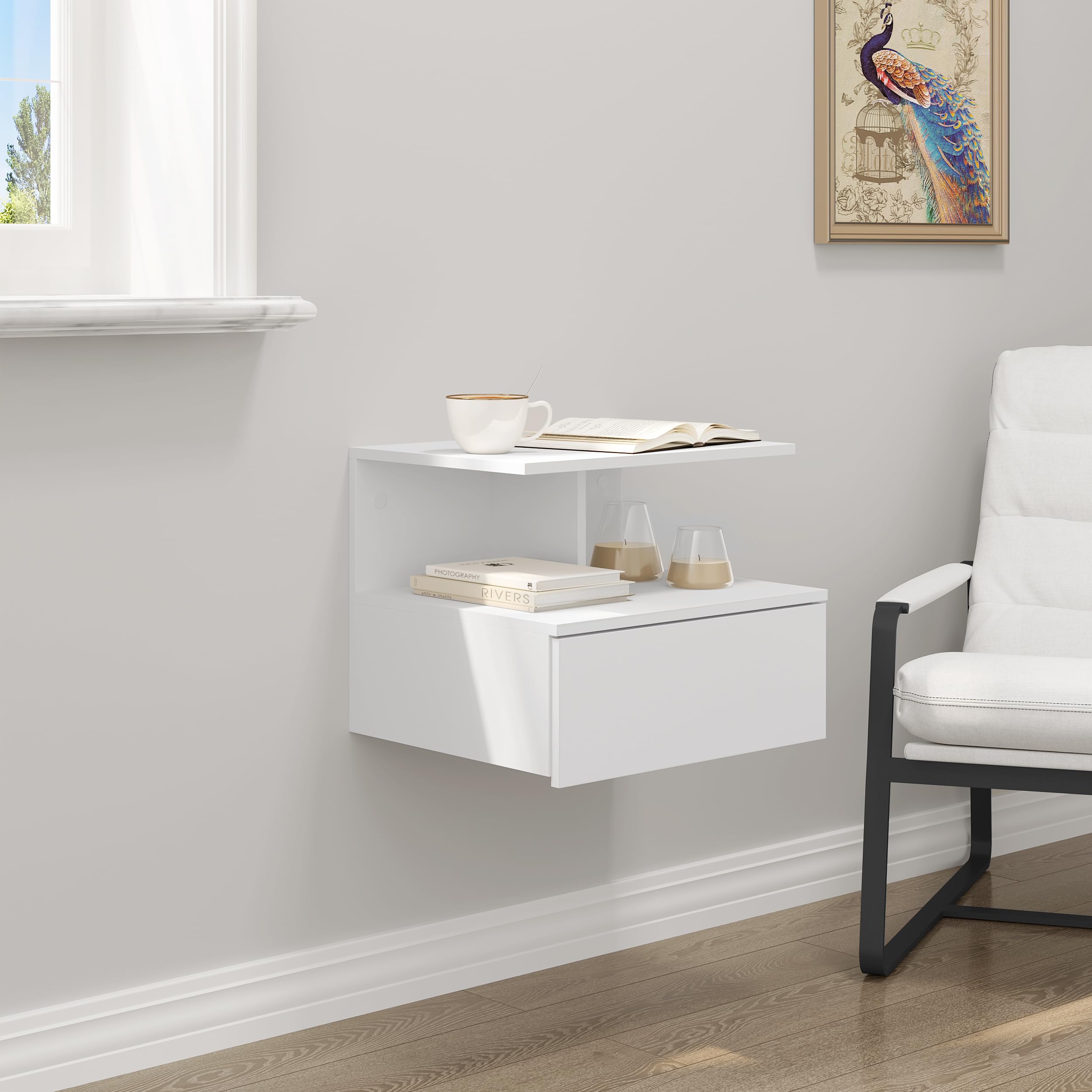 WOLTU 2er Set Nachttisch hängend, schwebender Nachtschrank mit Schublade, Wandregal Nachtkommode, offenem Fach, 40x31x35 cm, Nachtkonsole, Wandschrank, aus Holzwerkstoff, weiß, NTS03ws-2