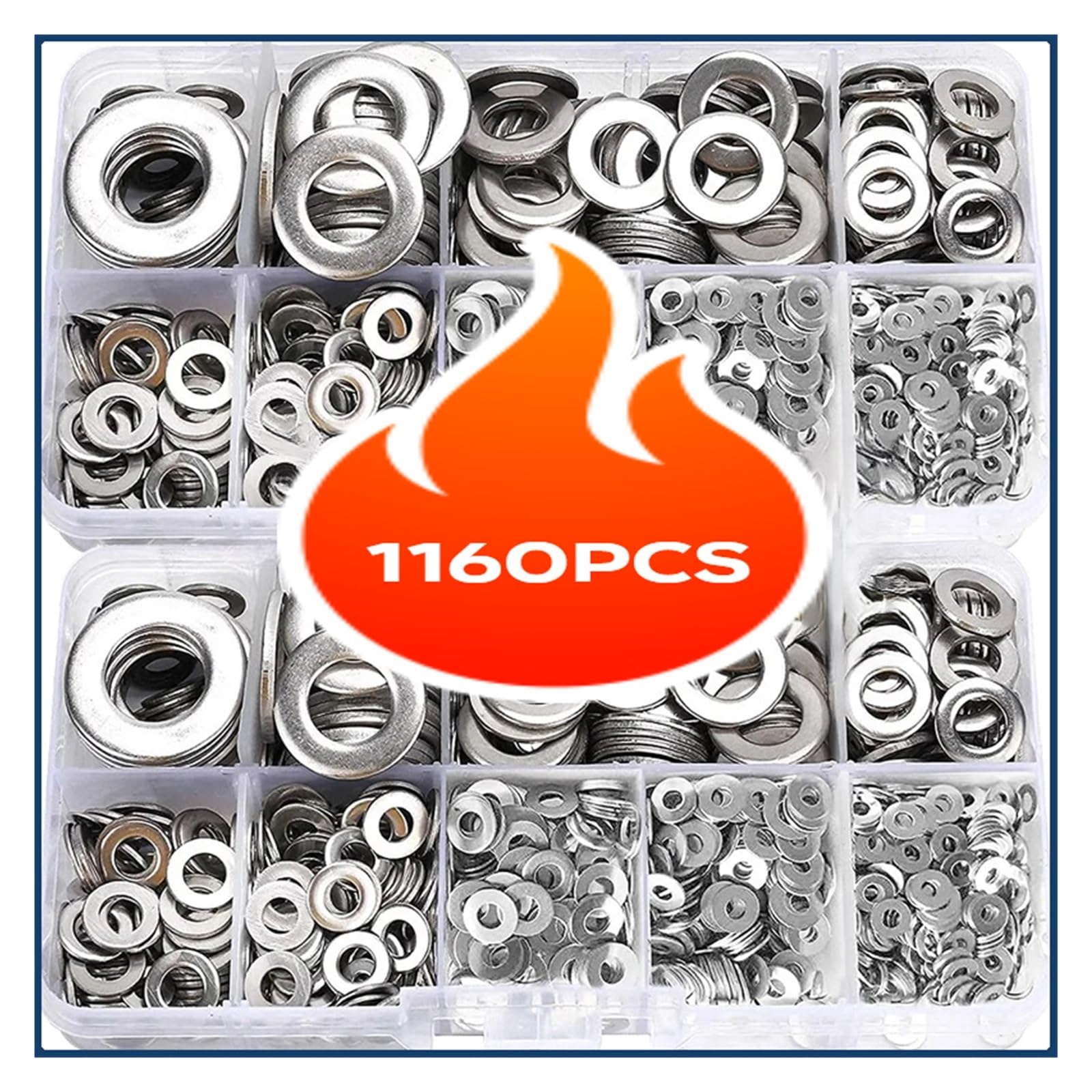 Edelstahl Beilagscheiben 180/360/580/1160-teiliges 304-Edelstahl-Unterlegscheiben-Set, M2-M12 for Heimdekoration, Fabrikreparatur, Küchen, Geschäfte und mehr(1160pcs with box)