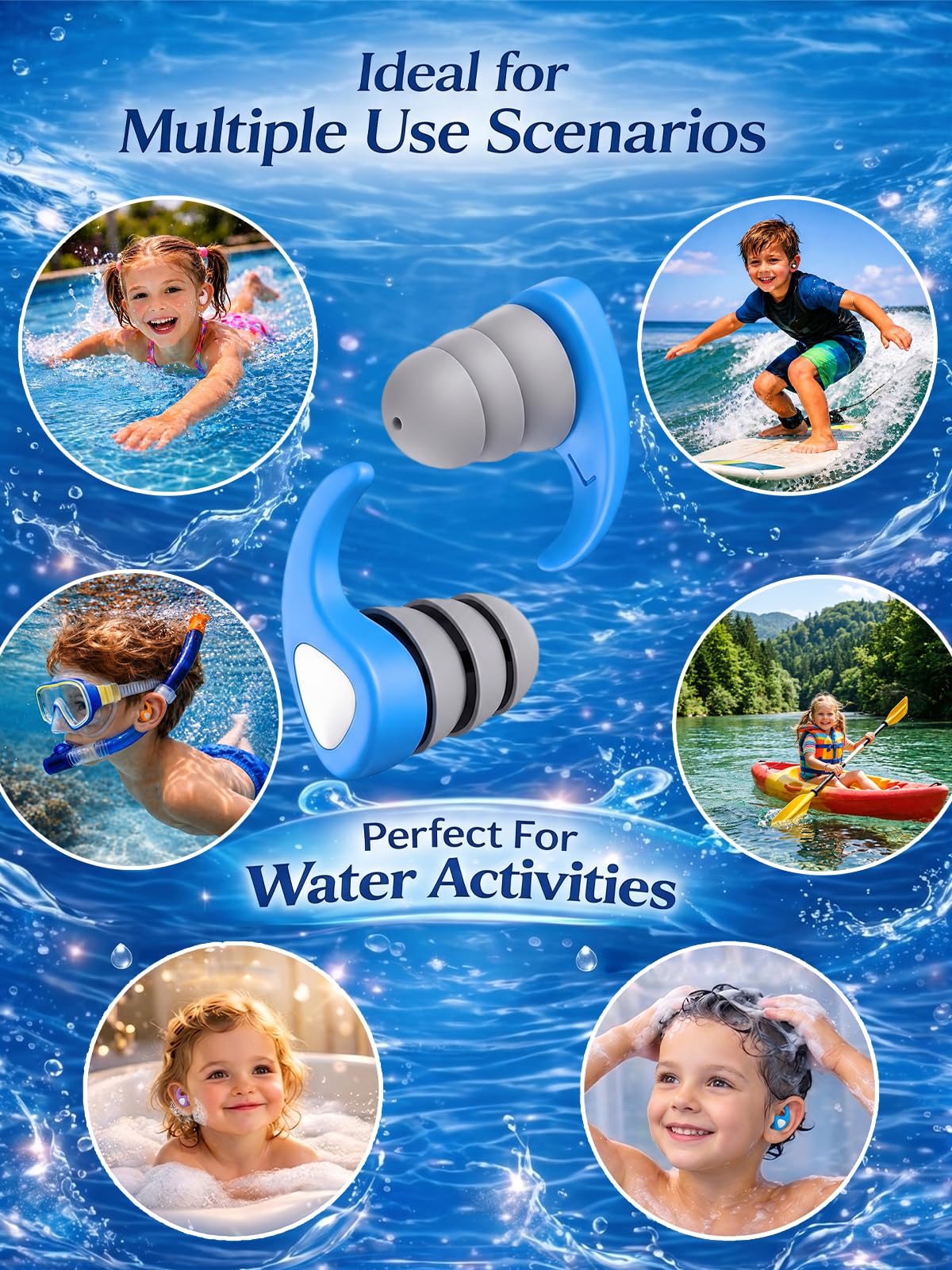 Schwimm-Ohrstöpsel für Kinder, 3 Paar Wasserdichte & Wiederverwendbare Silikon-Ohrstöpsel für Pool, Baden & Wassersport, Ohrenschutz für 3-10 Jahre