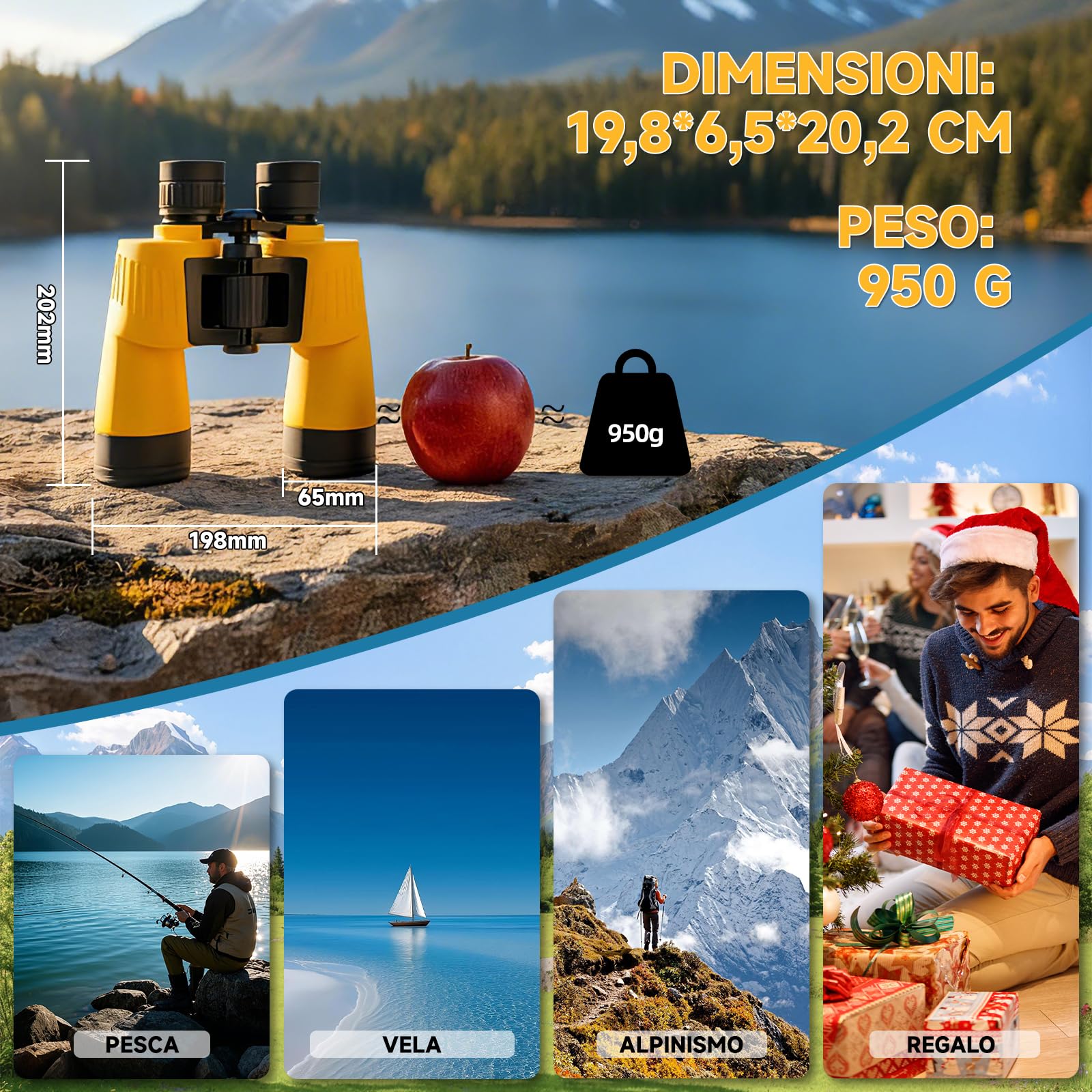 Binocolo 7x50 Professionale per Adulti, Binocolo Impermeabile e Galleggiante, con Prismi BAK4 e Lenti FMC, per Nautica, Caccia, Pesca e Sport, Colore Giallo
