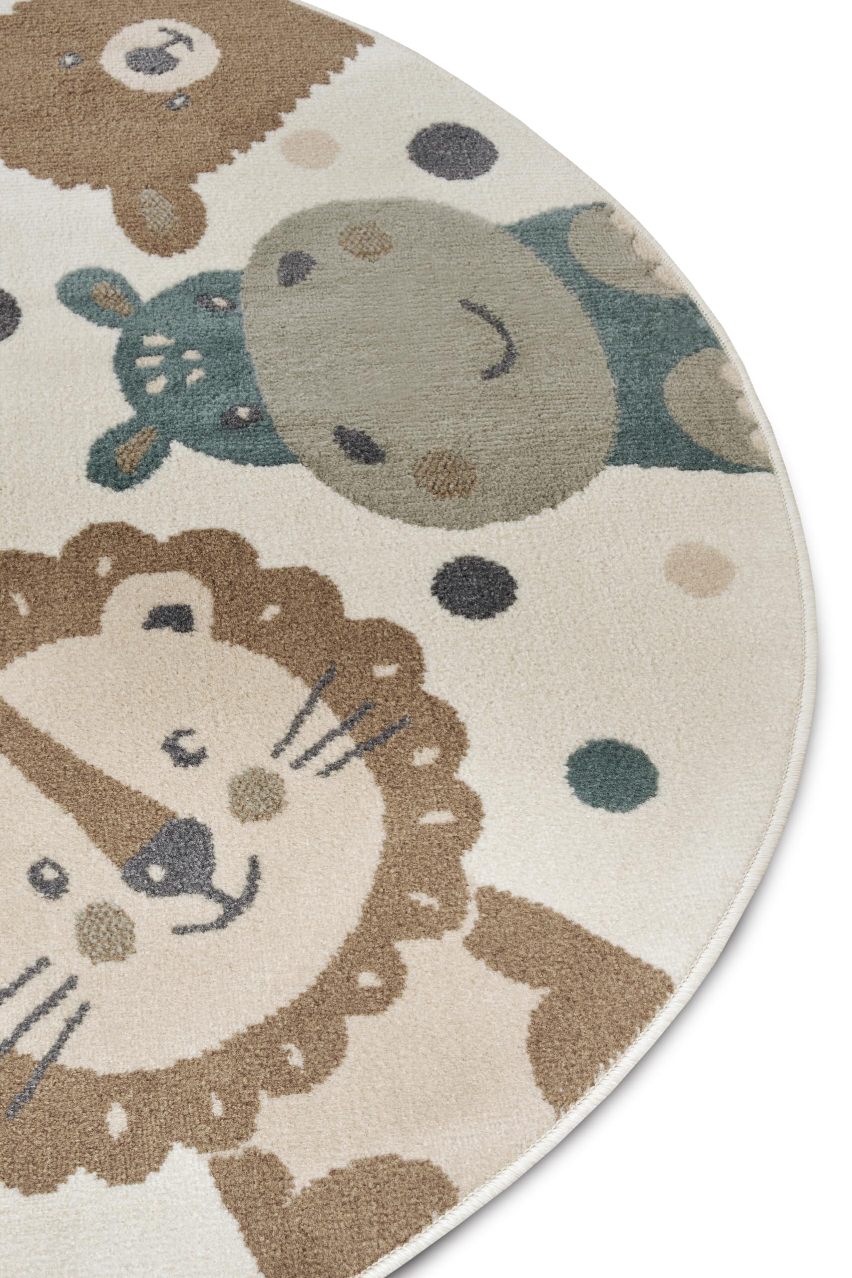 Hanse Home Adventures Kinderteppich Rund - Tiere Muster Löwe Bär Teppich Junge Mädchen für Kinderzimmer, Spielzimmer, Jugendzimmer, Wohnzimmer - Creme Braun Blau, 100cm
