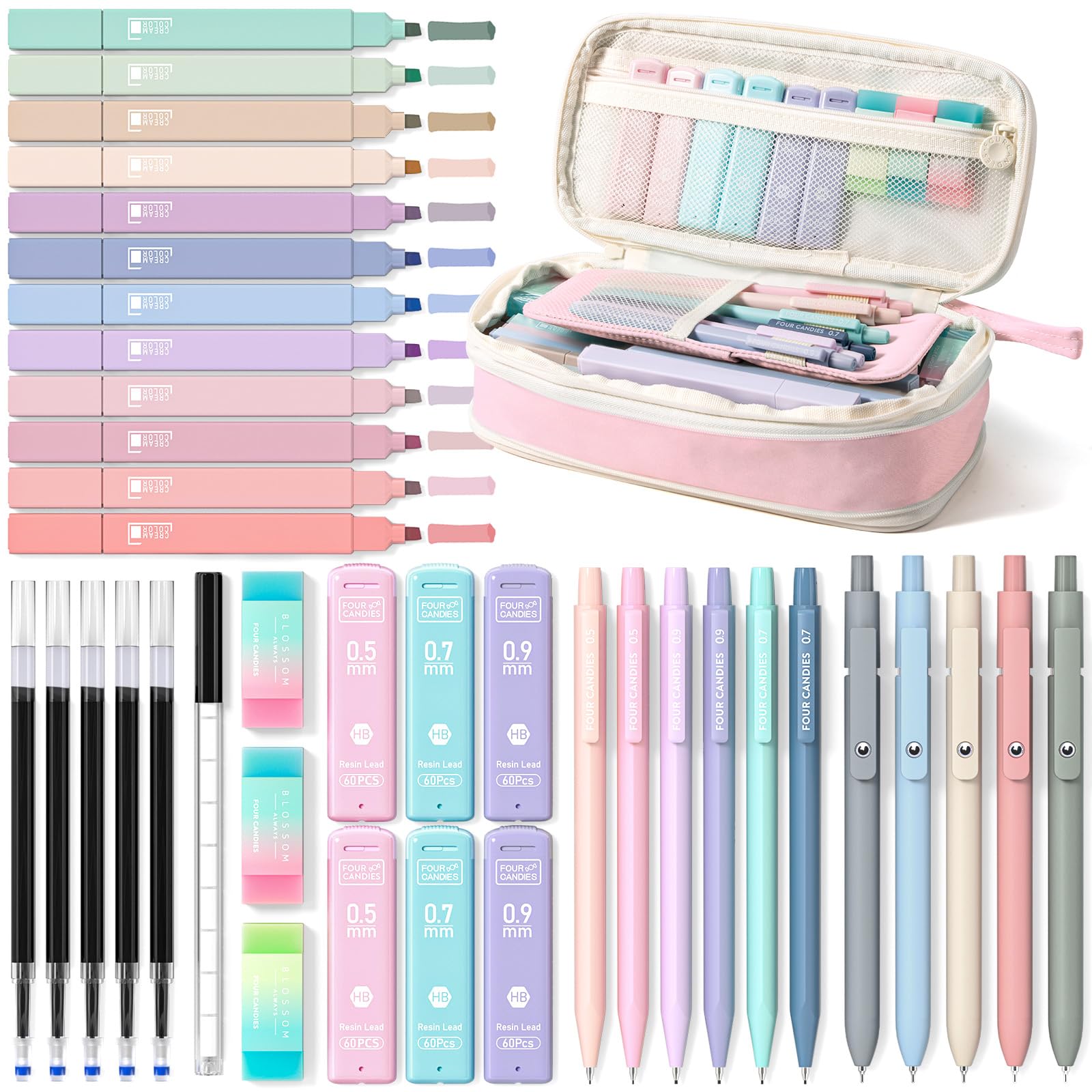 Four Candies 39 Stück Schulsachen mit Mäppchen, 12 Pastell Textmarker, 5 Gelstifte, 6 Druckbleistift Set, Aesthetic Stifte für Teenager Mädchen Coole Sachen School Stuff Clean Girl Office Adult(Rosa)