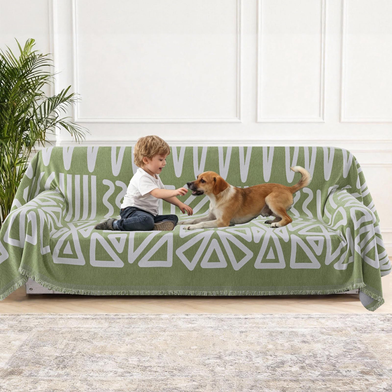 H.Versailtex Chenille Sofa Cover for 2 3 4 Seater, Waterproof Sofa Slipcover Sofa, Washable Couch Cover with Tassel, Soft Couch Covers for Dogs, 180 x 300 cm, Printed-green