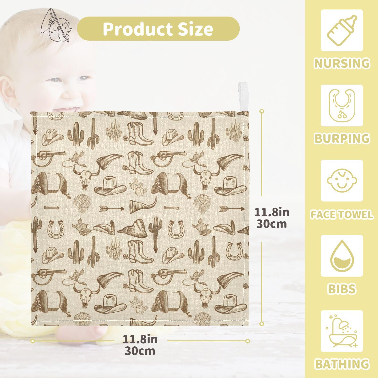 Kigai Western Cowboy Baby Washcloths,3pcs Ultra Soft Absorbent Towel,Newborn Bath Face Towel, Natural Reusable Baby Wipes for Sensitive Skin, Baby Registry as Shower