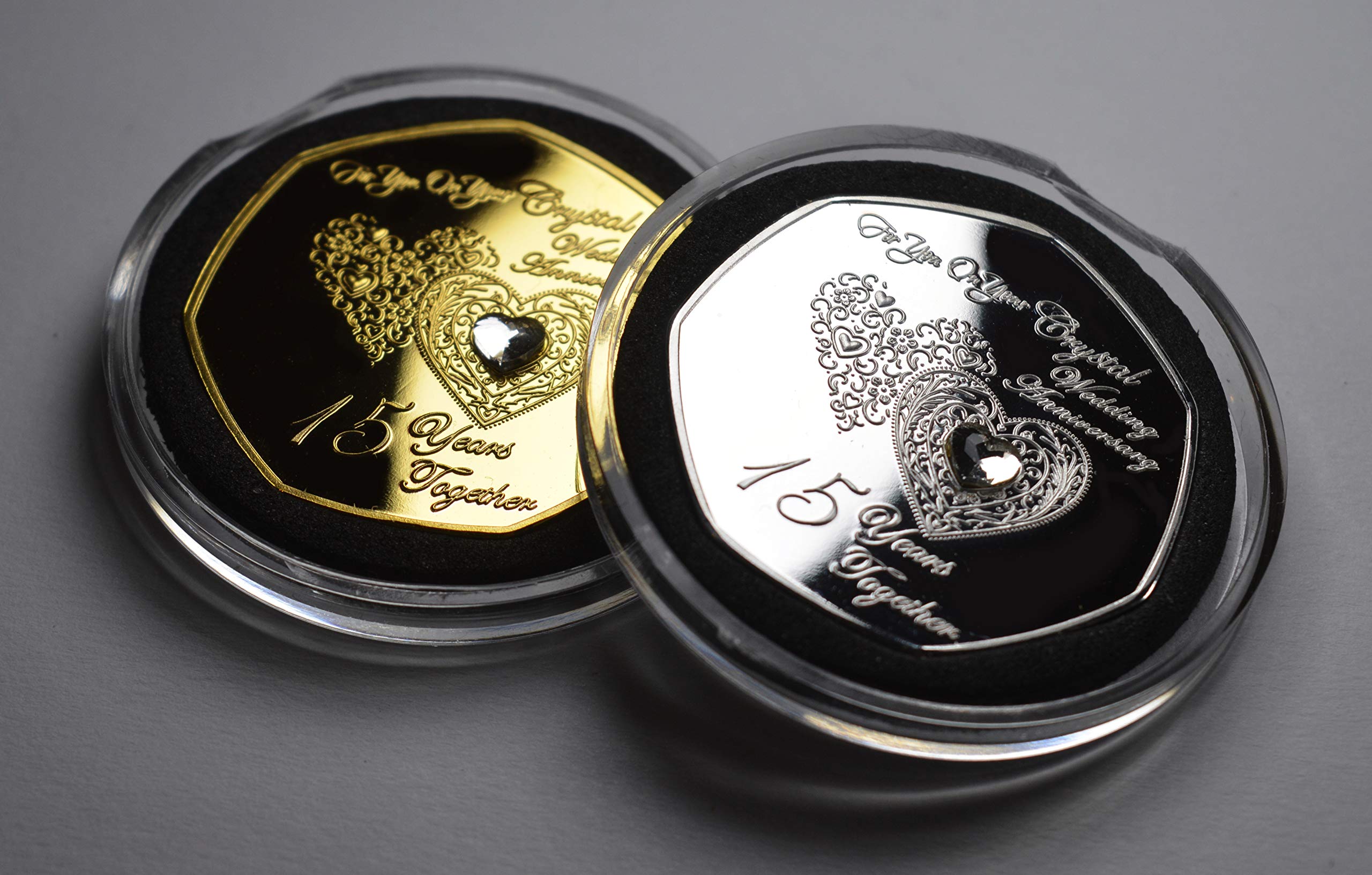 The Commemorative Coin Company Silver/Gold Pair Of 15Th Crystal Wedding Anniversary .999 & 24Ct Commemoratives With Gemstones. Capsules. Gift/Present 15 Years Together
