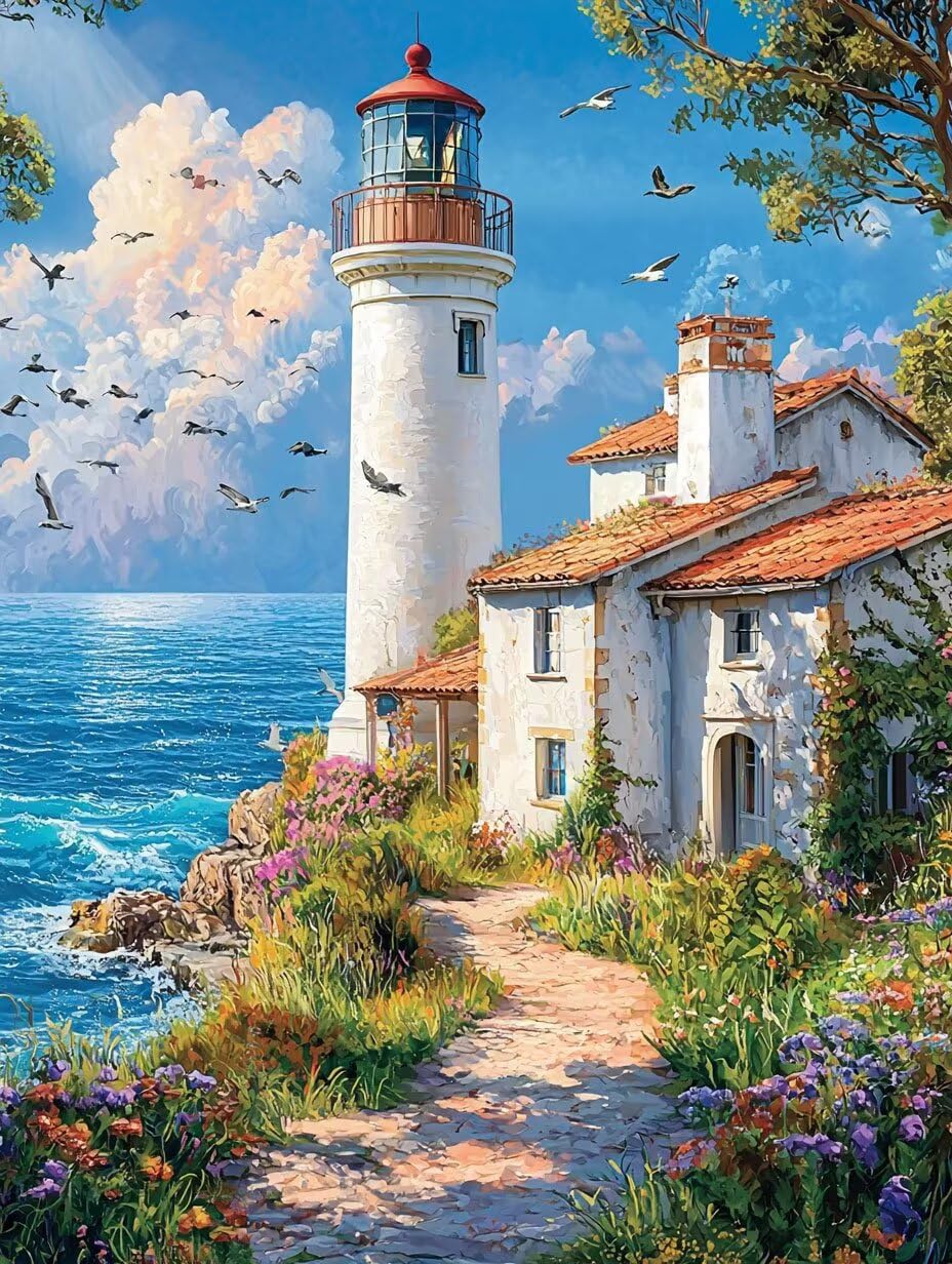 Vista marina e faro Dipingere con i Numeri per Adulti, 70x90cm a-295 | Pittura a Olio Kit, fai da te Quadri da Dipingere Numerat, Adulti Bambini Hobby Creativi,Pittura Adulti Decora la Casa Regalo