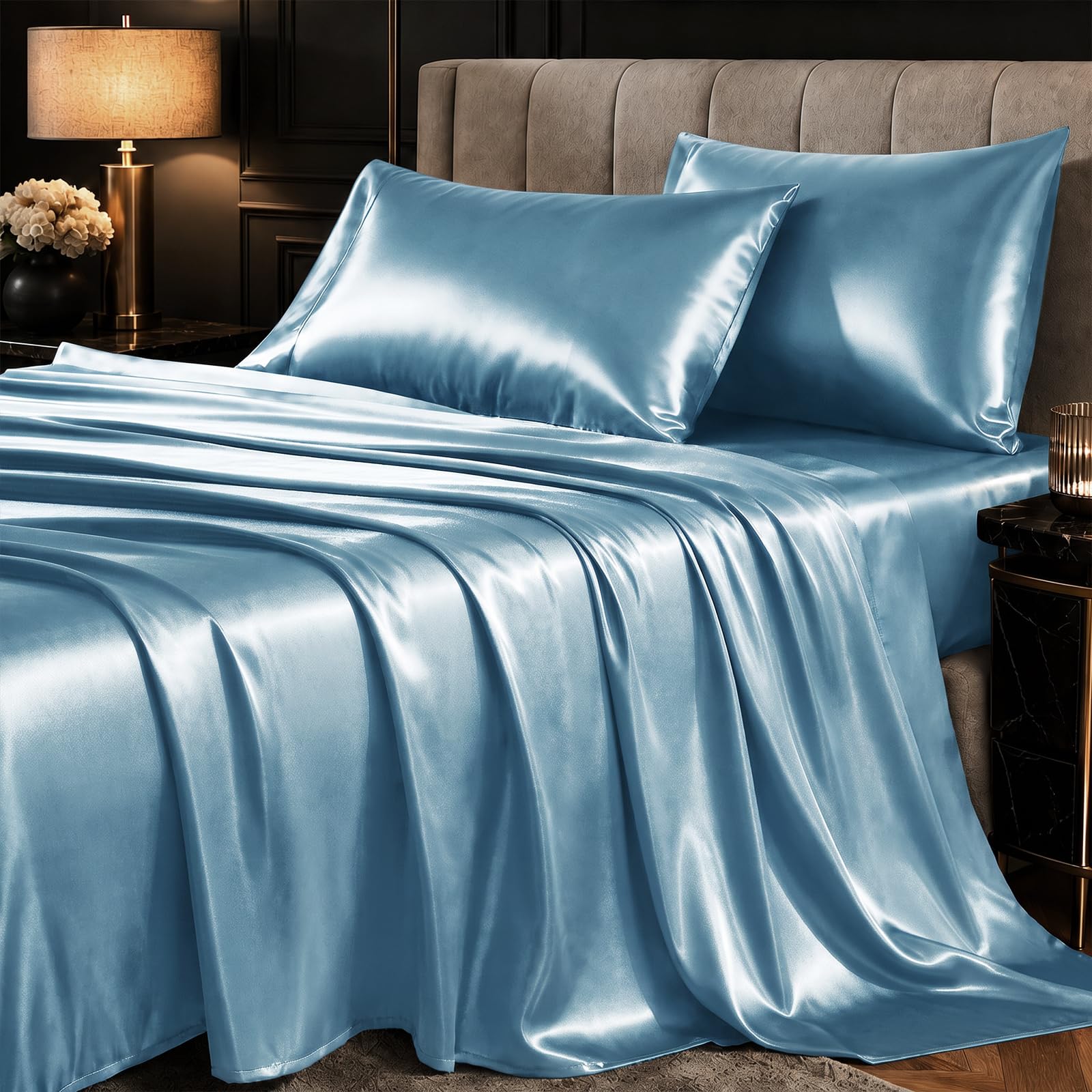 CozyLux Satin Sheets King, 4-Piece 14-Inch Deep Pocket Sheet Set