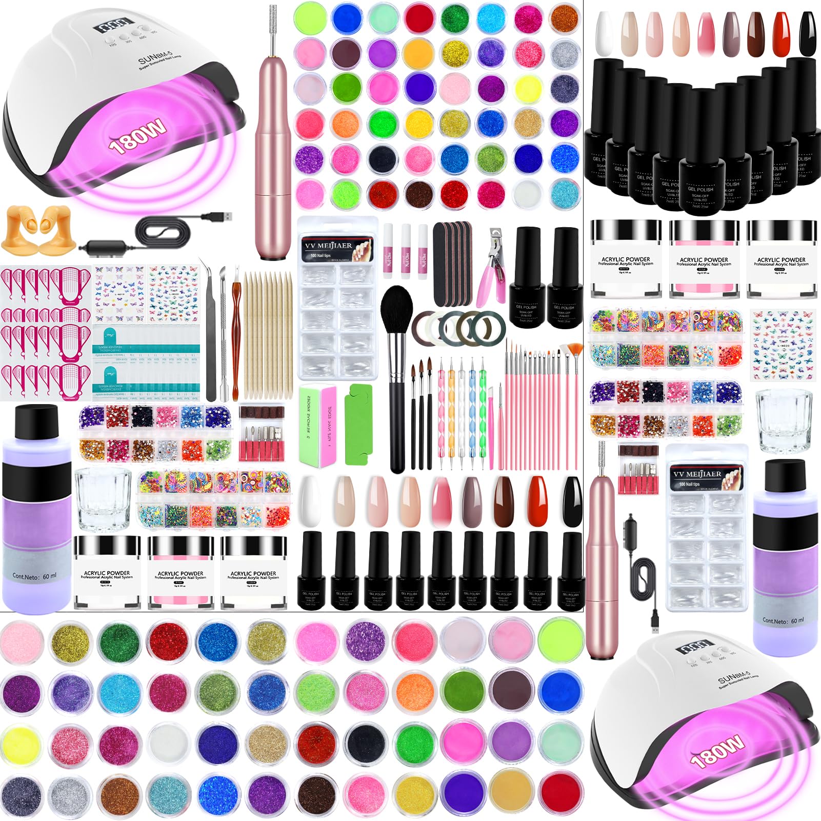 Milai Kit Ongle Gel UV Complet 180W Lampe,Kit Acrylique Ongles Avec Ponceuse pour Ongles - Pour poudre acrylique - DIY