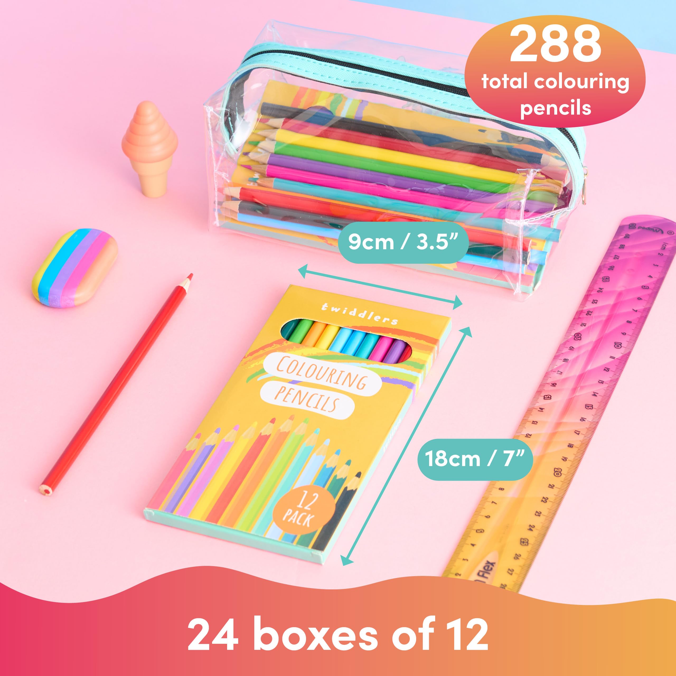 THE TWIDDLERS Set 288 Matite Colorate, 24 Scatole da 12, 18 cm | Regalini fine festa, gadget compleanno bambini e bambina, pastelli per scuola, premietti, pensierini, temperate