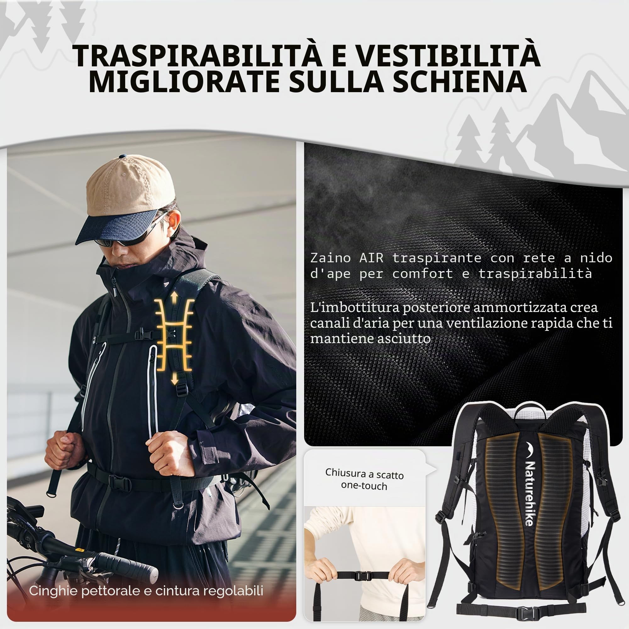 Naturehike Zaino da trekking impermeabile resistente ai graffi e all'usura traspirante ideale per campeggio escursioni viaggi all'aperto con scomparto per sacca idrica 25L in Bianco