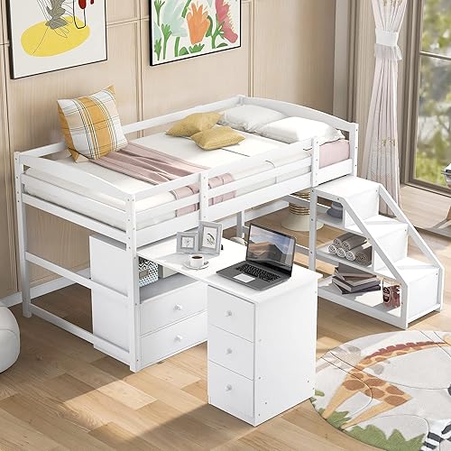 Cama baja con escalera de almacenamiento cama alta de madera de tamaño individual con 5 cajones y escritorio integrado móvil en una cama madera para