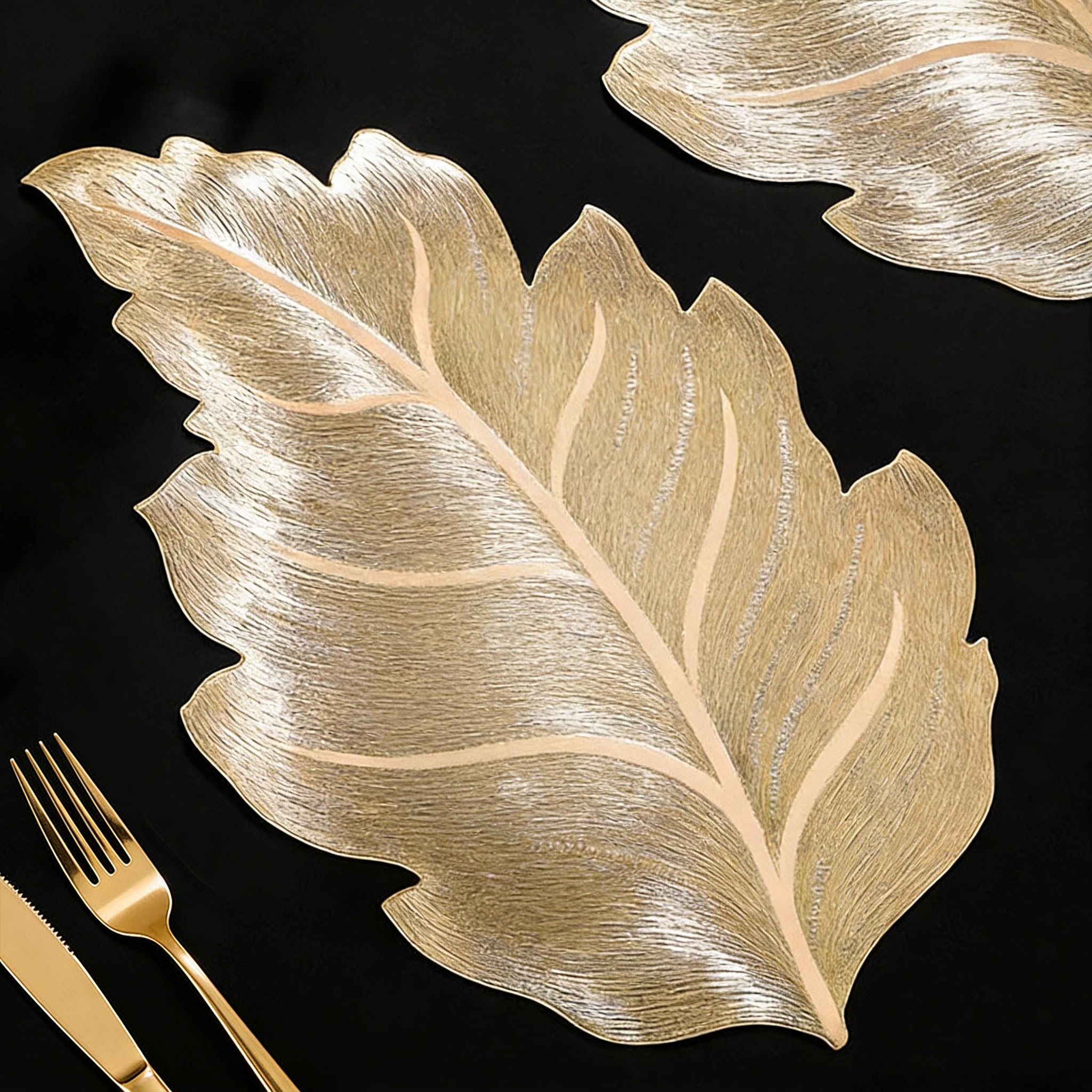 FAVE Gold Vinyl Placemats Set of 4, Washable Leaf Shaped Place Mats for Table Decoration, Events, Home Decor & Daily Use(15 inch,4PCS)
