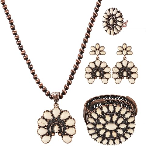 4 PCS Western Turquoise Jewelry for Women Boho Vintage Navajo Pearl Necklace Earrin...