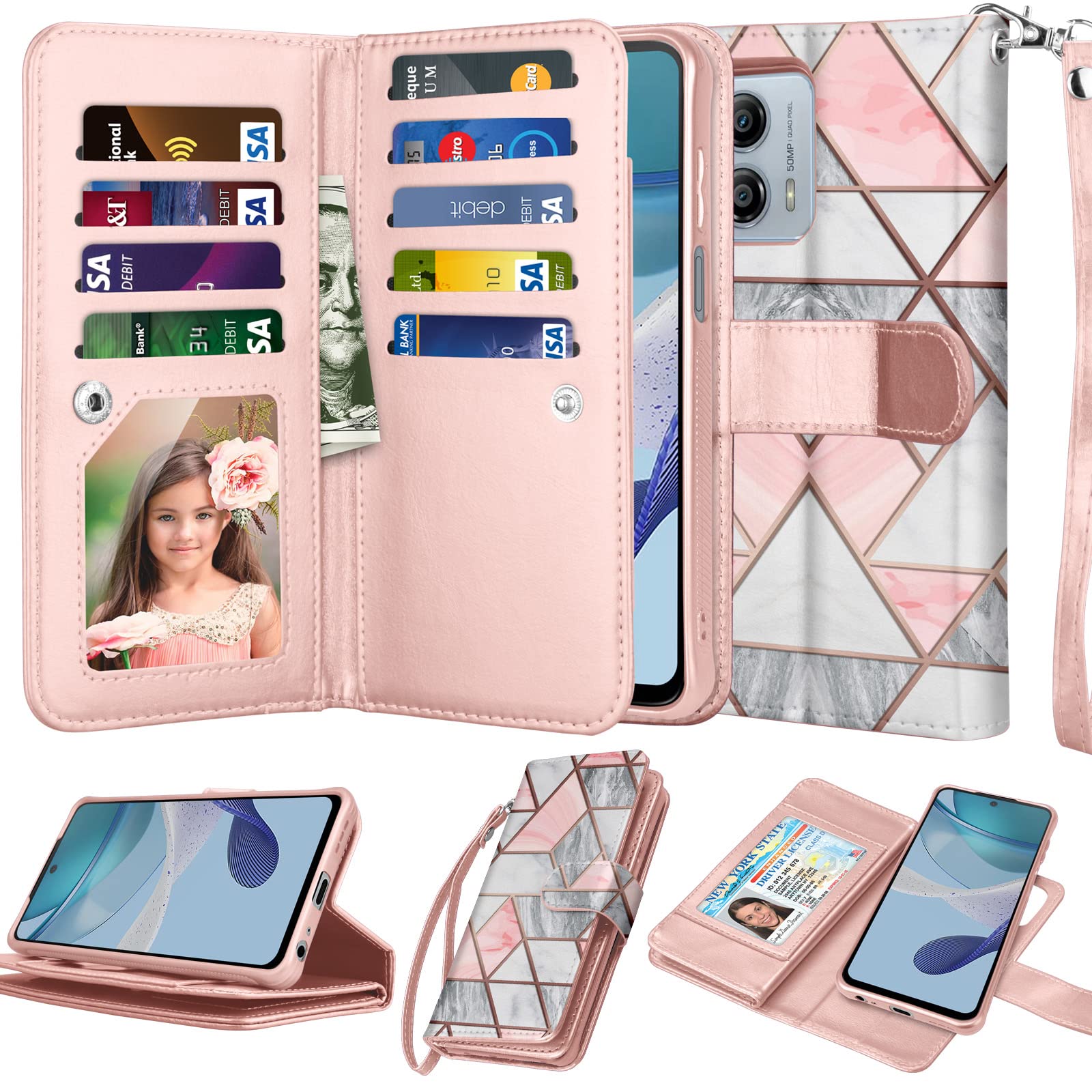 Njjex For Motorola Moto G 5G 2023 Wallet Case, Moto G Power 5G 2023 Case, [9 Card Slots] PU Leather ID Credit Card Holder Folio Flip [Detachable] Kickstand Magnetic Phone Cover & Lanyard [Marble Pink]