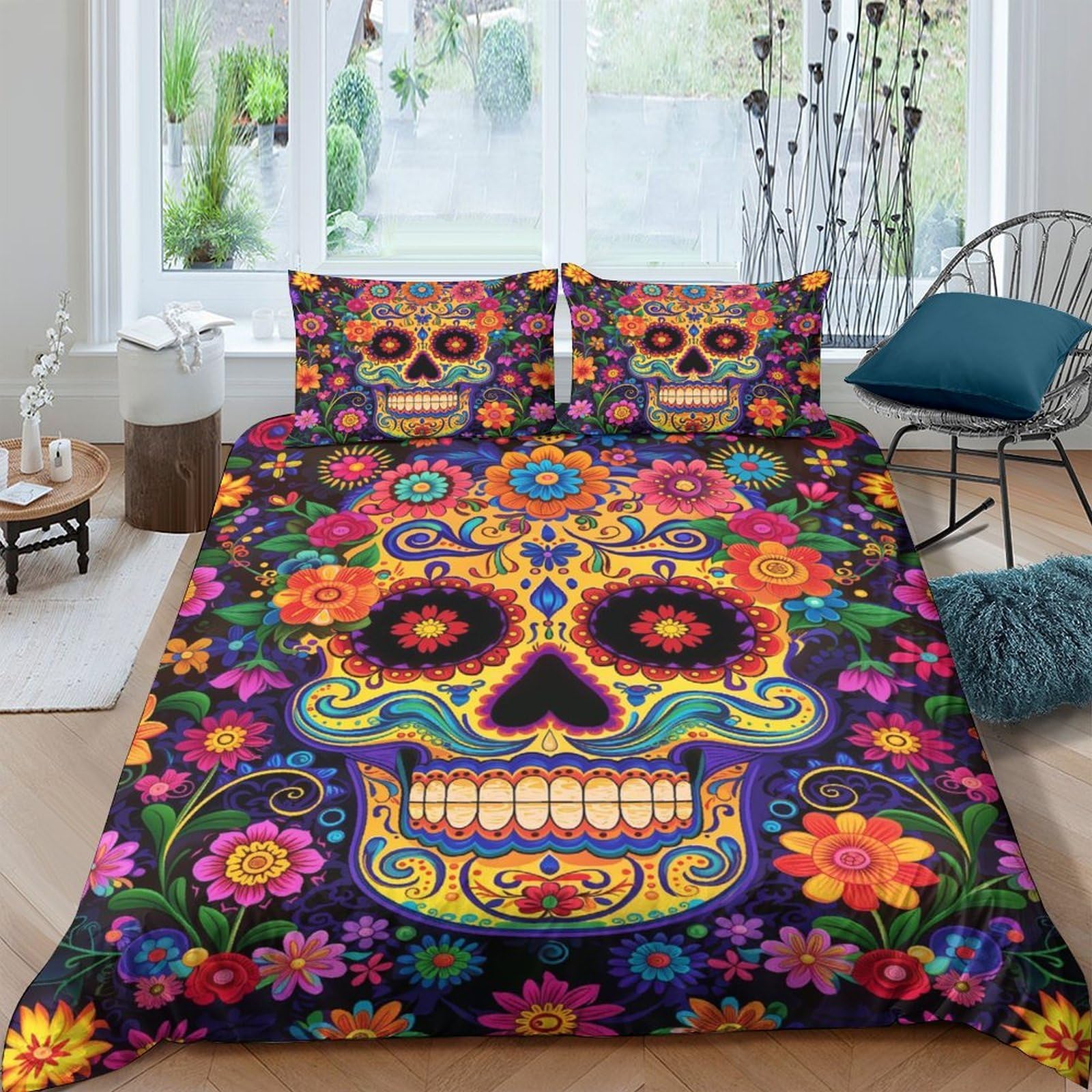 Ctjqhvkz Style-9 3D Printed Colourful Sugar Skull Fitted Sheet Microfiber Floral Pattern Mattress Cover For Bedroom Decor Protection Single（135X200cm）