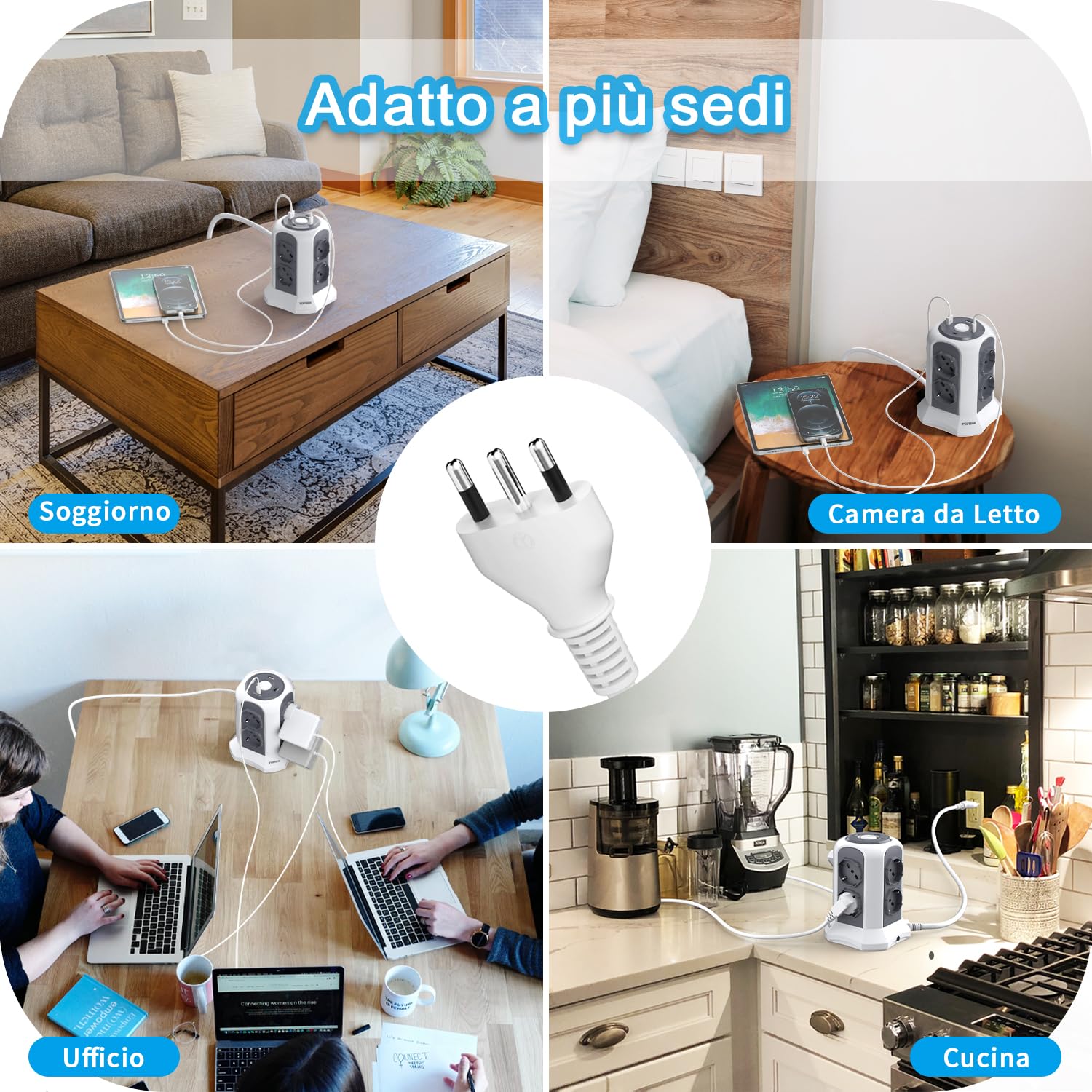 TOPREK Regleta Vertical con 8 Tomas Universales ITA 10/16A y Schuko y 2 USB C y 2 USB A (USB-C1 20W PD3.0 Carga Rápida), 4000W/16A, Regleta con Interruptor, Cable de 2M, Enchufe 16A, Oscuro Gris | 2 tipo C (20 W PD3.0 carga rápida) y 2 tipo A y 8 universa