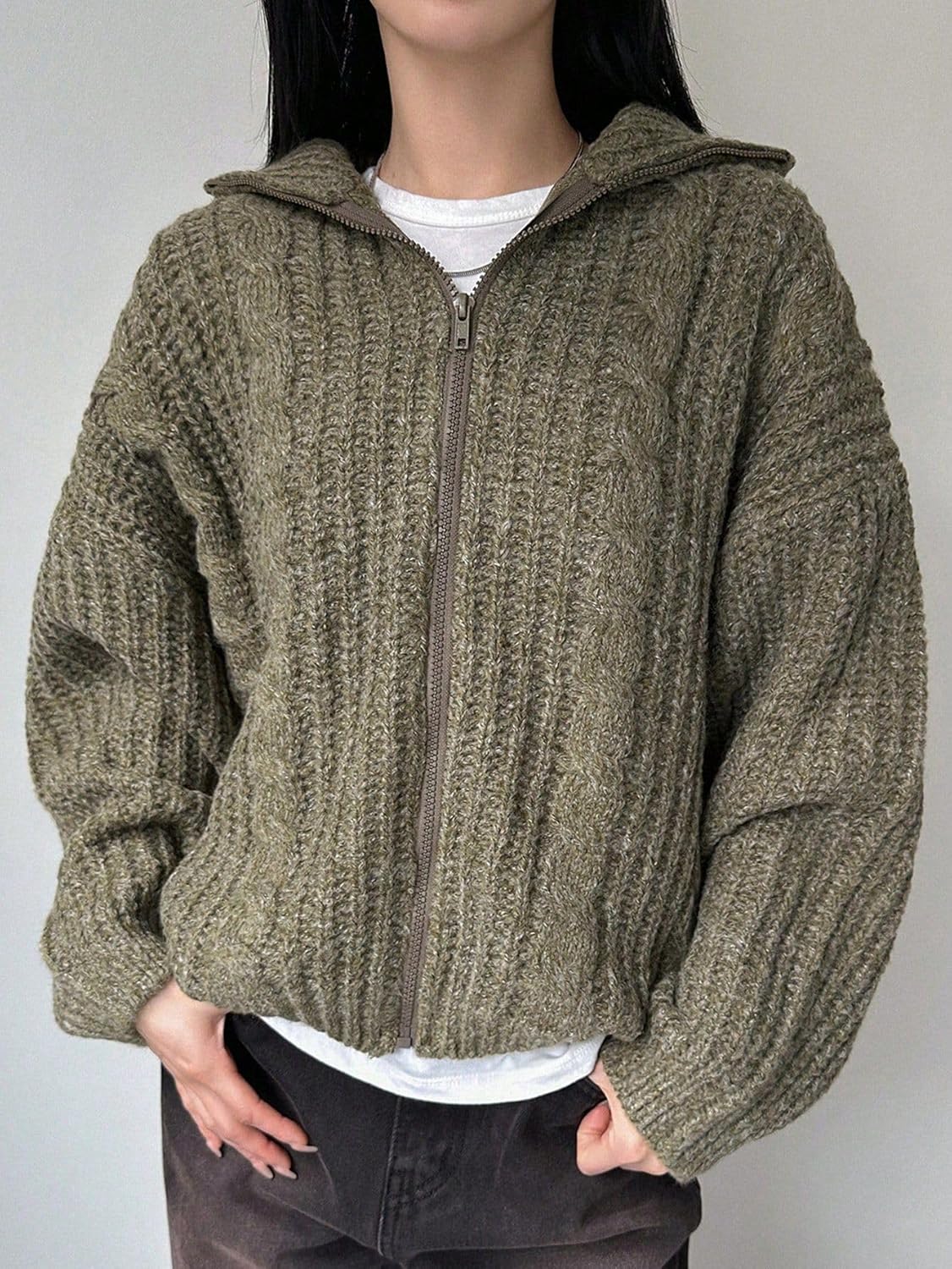 Oversized Chunky Cardigan Sweaters for Women Cable Knit Zipper Collar Warm Fall Cardigan Trendy - Image 3