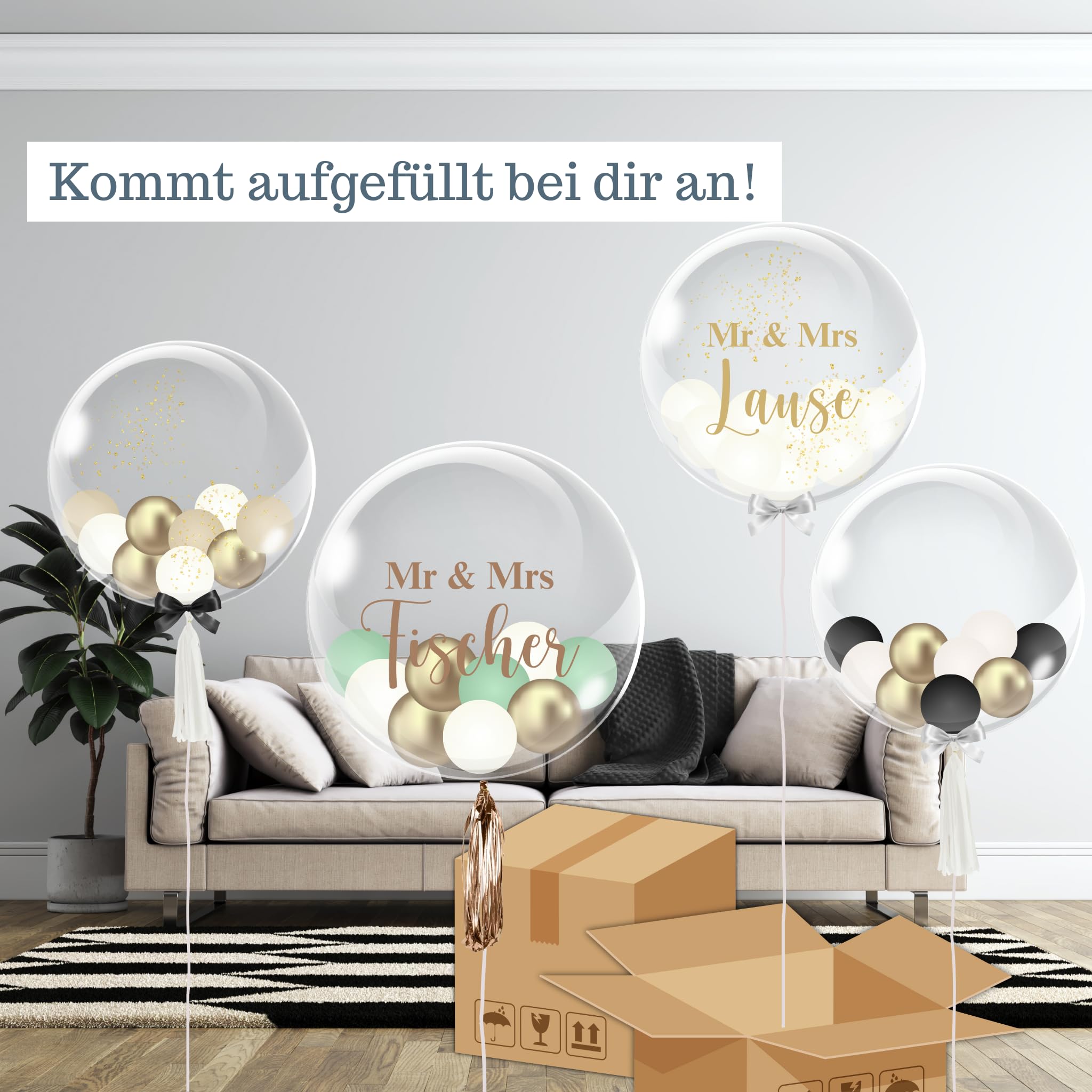Mr & Mrs - Bubble Fabrik - Personalisiertes Ballongeschenk: Durchsichtiger Heliumballon mit Bunten Ballons, Geschenk zur Hochzeit, Hochzeitsmitbringsel