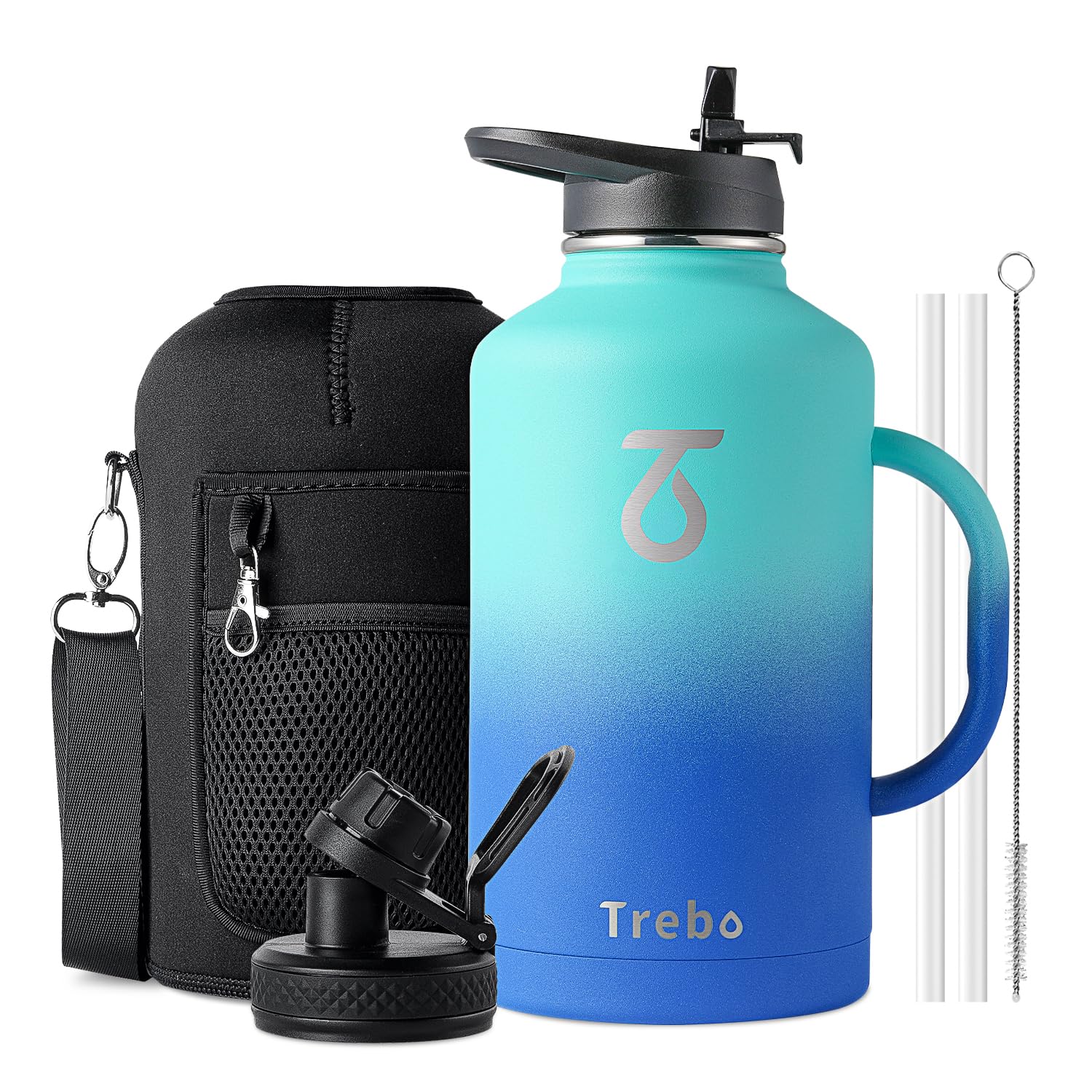 Trebo Isolierte Wasserflasche mit Griff, doppelwandig, Edelstahl, Metall, großer Krug, Reiseflasche, Thermoskanne mit Strohhalm-Auslaufdeckel, Becher mit Tragetasche, hält kalt und heiß, Blau