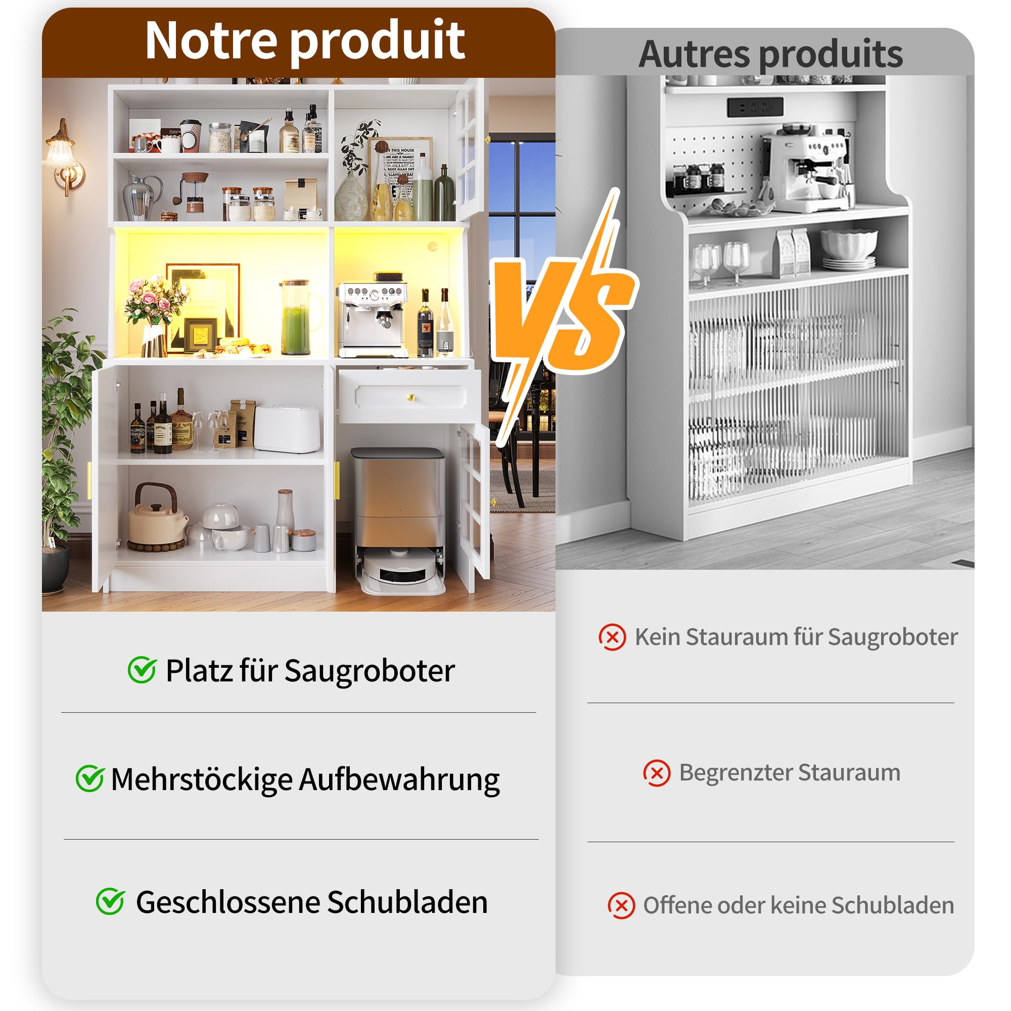 Armadio da cucina con piano di lavoro e illuminazione a LED, credenza con ante in vetro, credenza con cassetti, 130 x 45 x 180 cm (bianco)