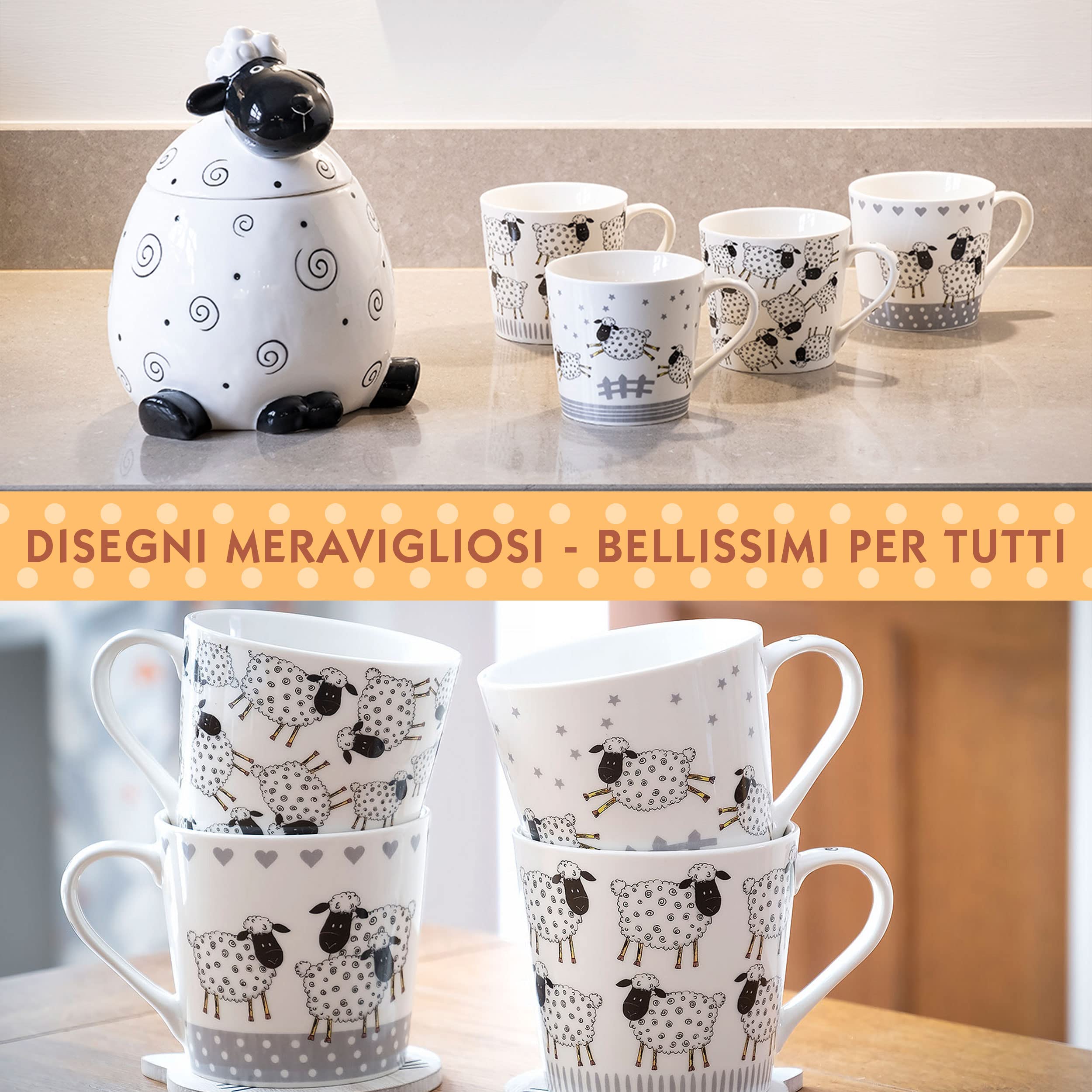 SPOTTED DOG GIFT COMPANY Set di 4 Tazze da Caffè in Ceramica 380 ml per Caffè e Tè, Tazze con Animali Bianco e Nero a Tema Pecora, Adatte a Lavastoviglie e Microonde, Regalo per chi ama gli animali
