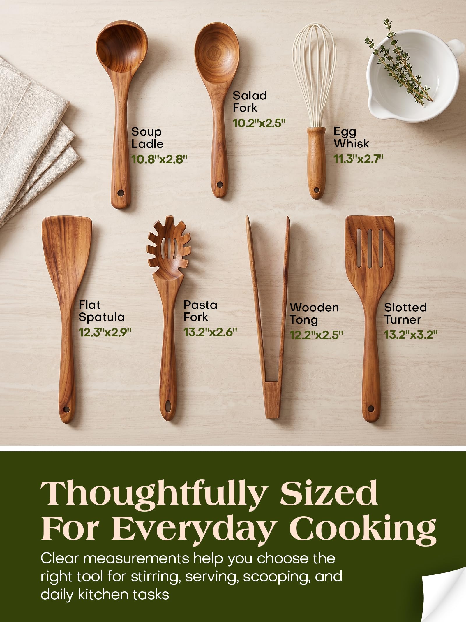 Holzküchenutensilien zum Kochen, Teakholz Kochbesteck Set, Holz Kochlöffel, Pfannenwender antihaft für Kochgeschirr – 7er Set