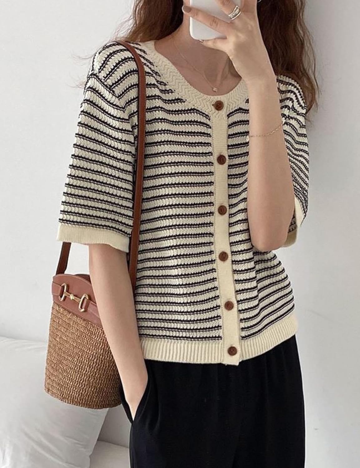 Summer Casual Womens Striped Short Sleeve Knit Cardigan Lightweight Crew Neck Button Up Cropped Sweater Top - Image 2