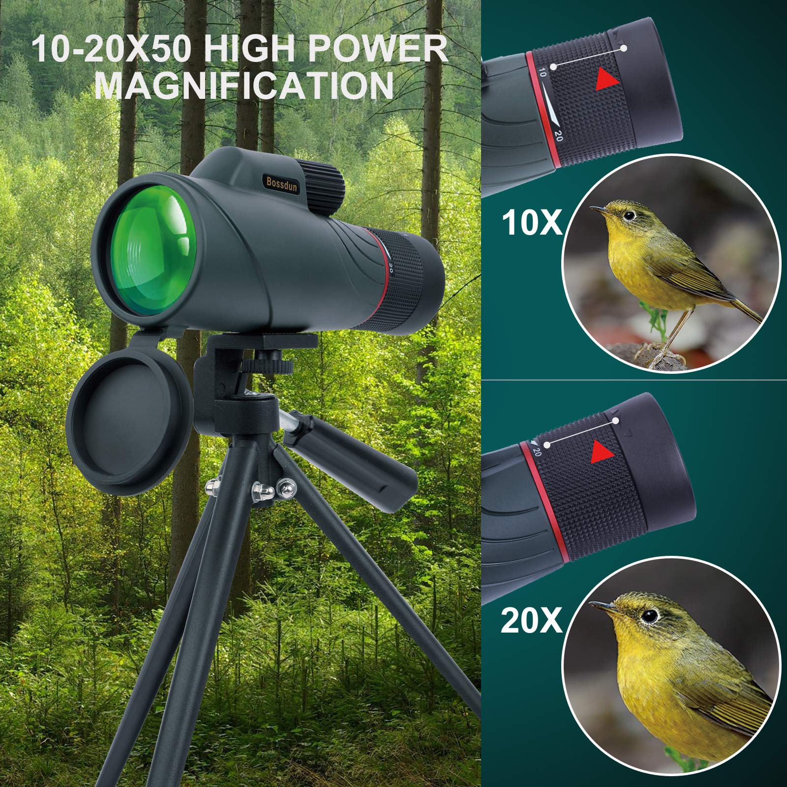 Monokularowy teleskop 10-20 x 50, wydajny monokular z adapterem do smartfona, High Power Vision dla dorosłych, do obserwacji ptaków, dzikich zwierząt, koncertów, gier sportowych