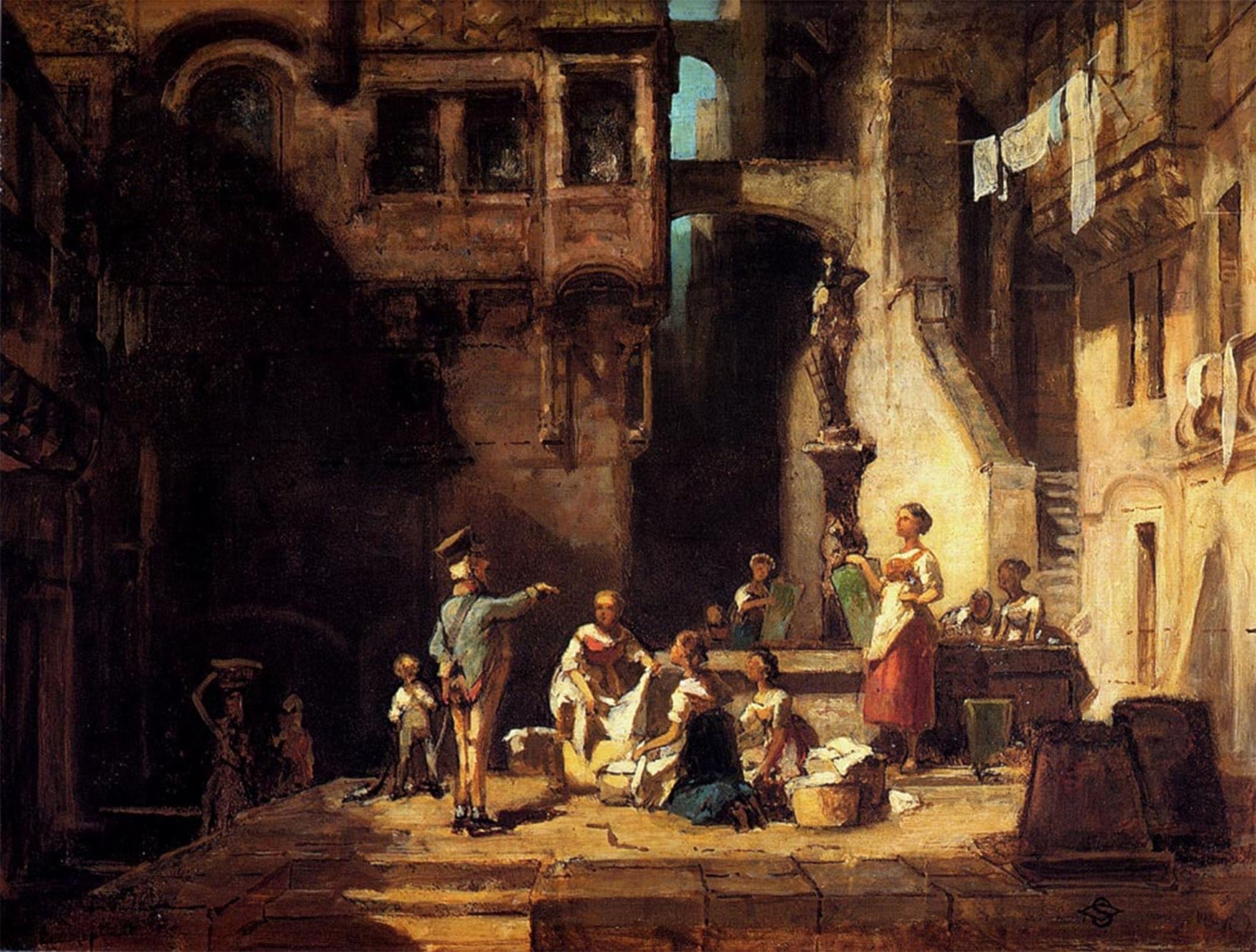 ARTXLXXBN Famous Prints Artwork Pictures Poster Painting Art Wascherinnen Am Brunnen Carl Spitzweg Artwork Landscape Pictures for Home Decor 60x90cm